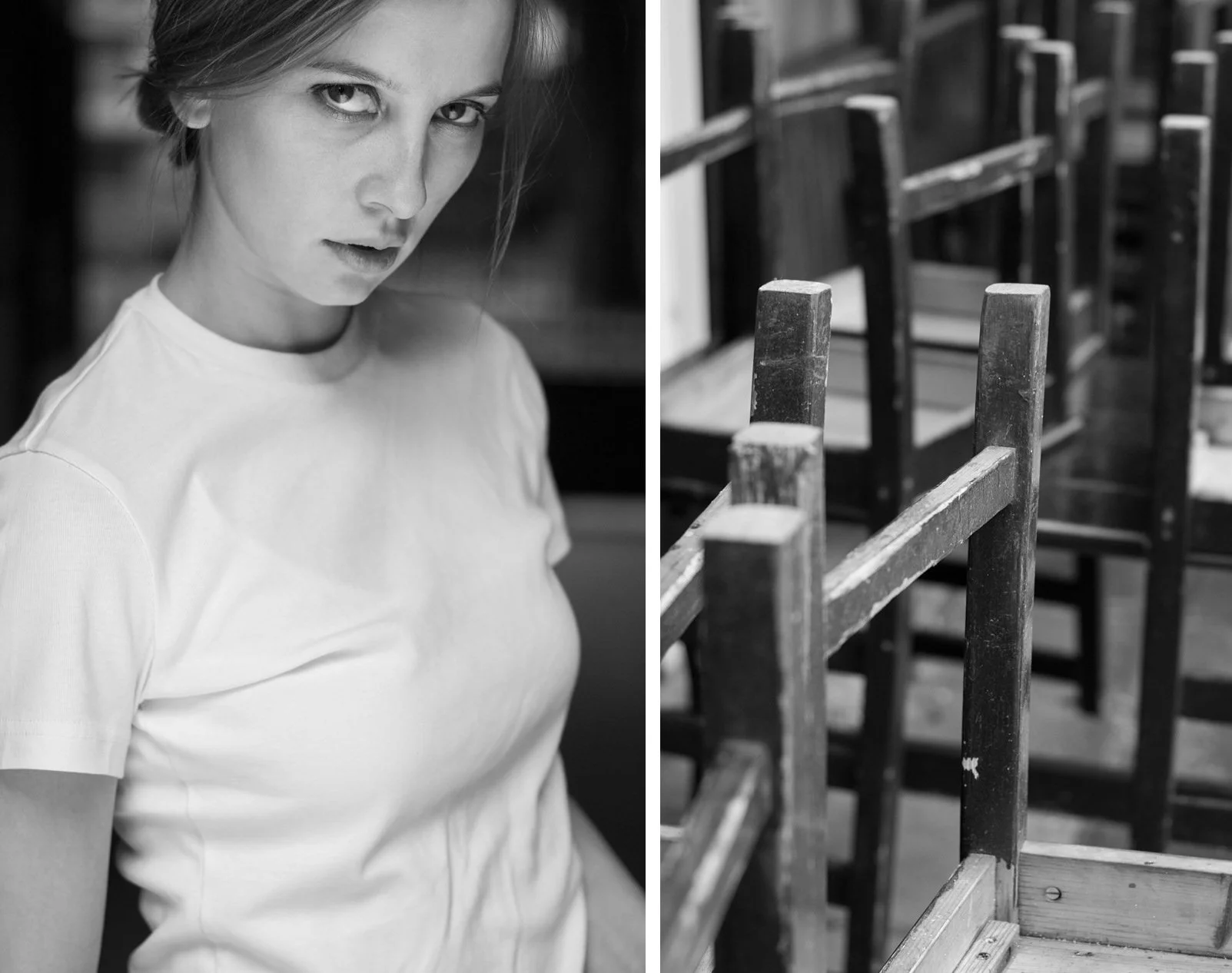 Black and white diptych: left shows woman in white t-shirt with serious expression; right shows wooden chairs stacked upside down.
