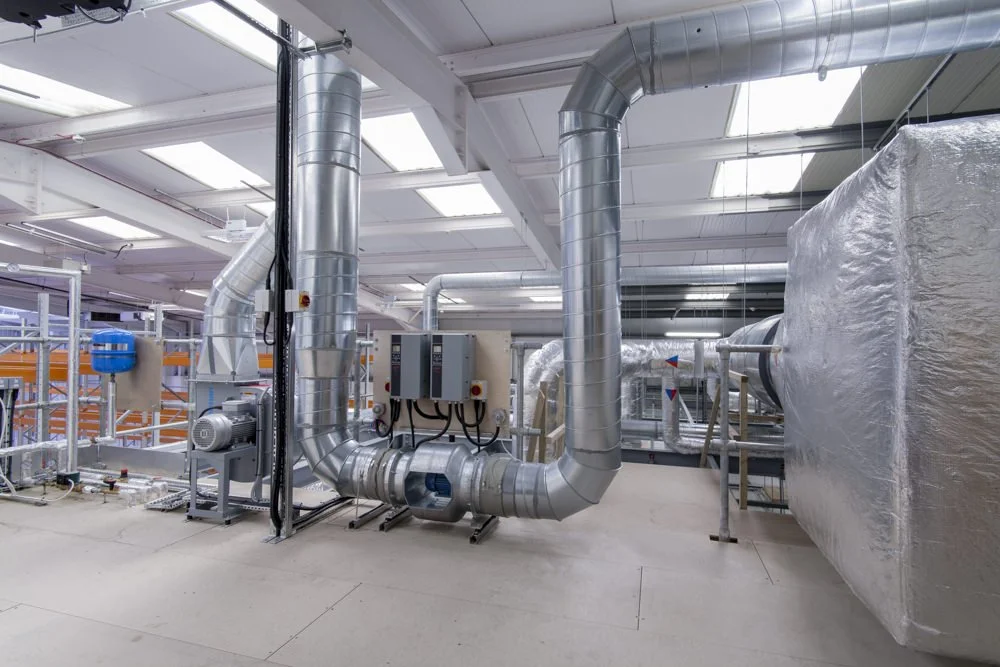 industrial HVAC system with ducts and machinery