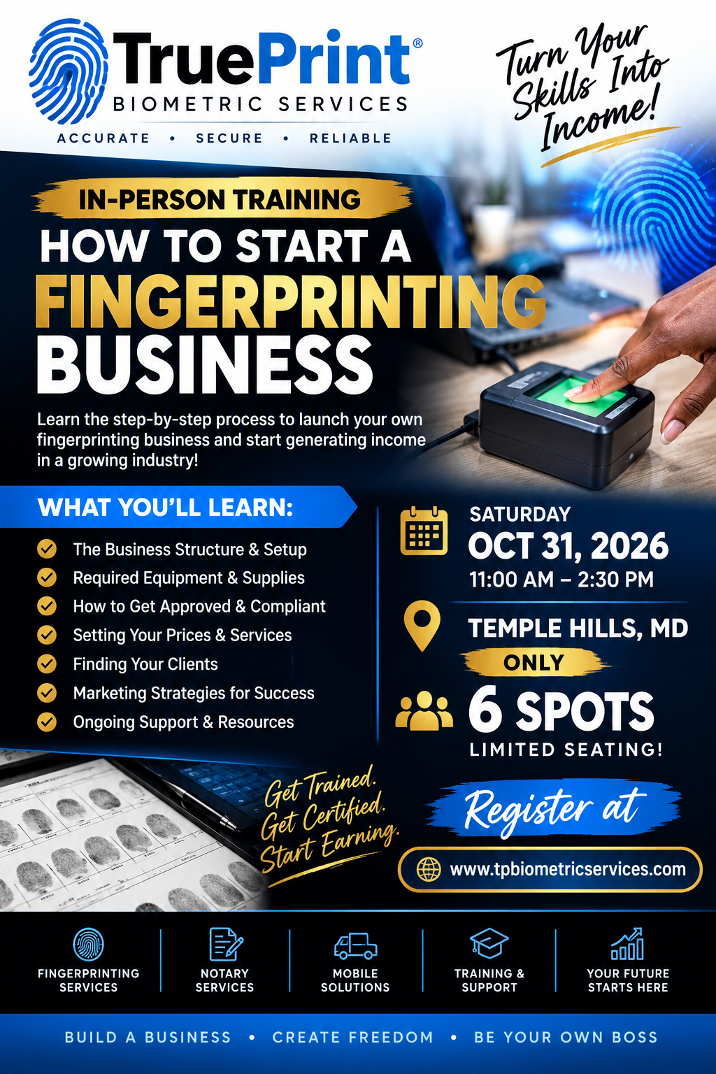 Flyer for an in-person fingprint business training event on October 31, 2026, in Temple Hills, MD, from 11:00 AM to 2:30 PM. The flyer highlights topics covered and features a fingerprint scanner, fingerprint card, and a fingerprint icon.