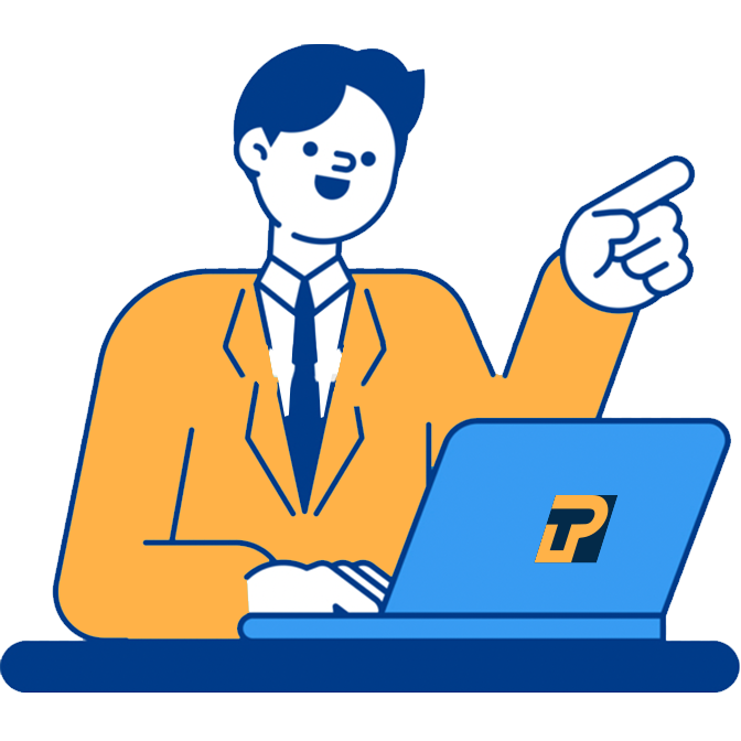 A cartoon man in an orange suit and tie sitting at a desk with a laptop, pointing to his right with a smile.