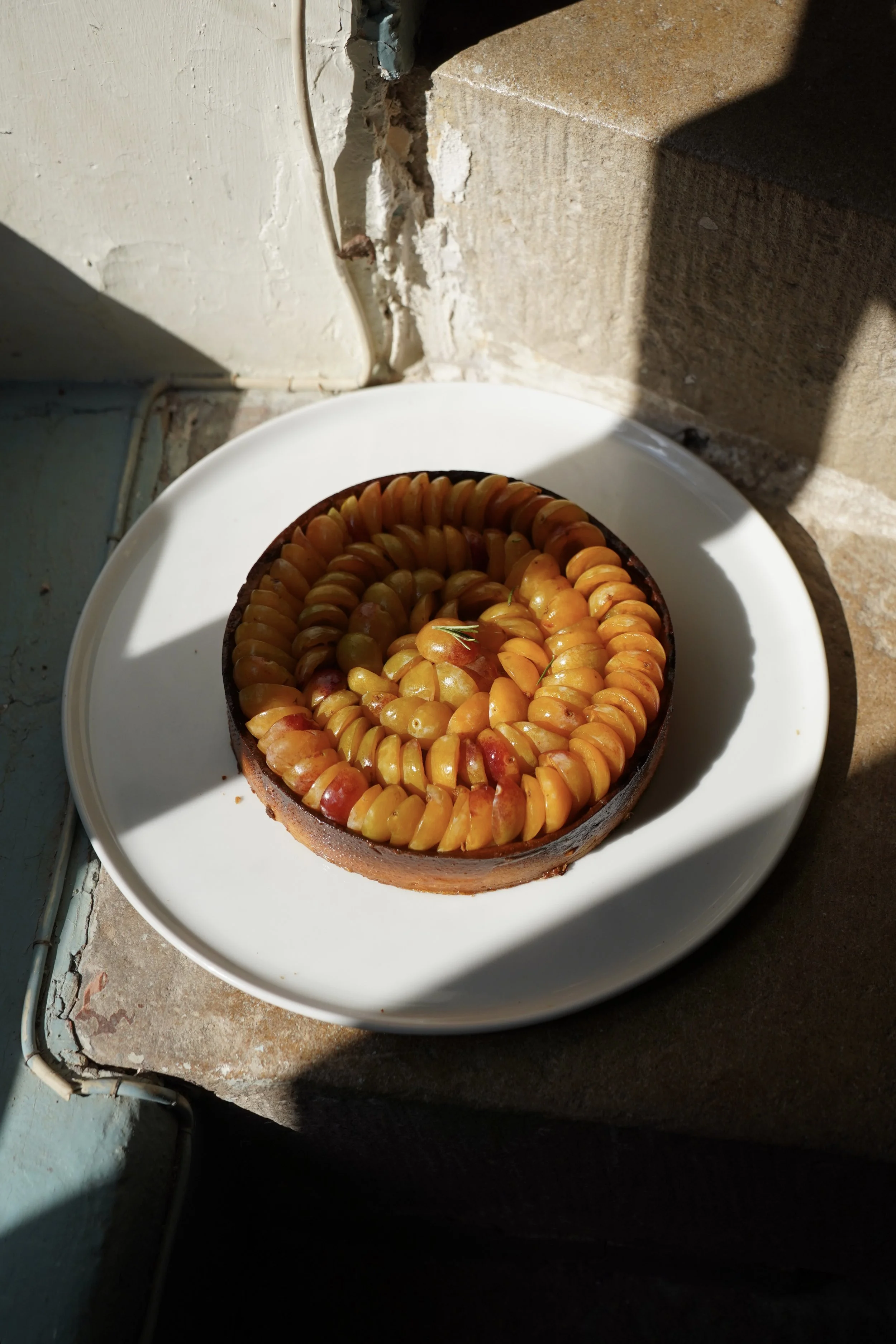 A fruit tart with sliced yellow and red fruits arranged in a circular pattern on a white plate, placed near a sunlit window.