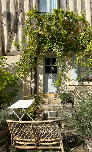 rustic courtyard with wicker furniture, a small table, stone steps, and a vine-covered facade