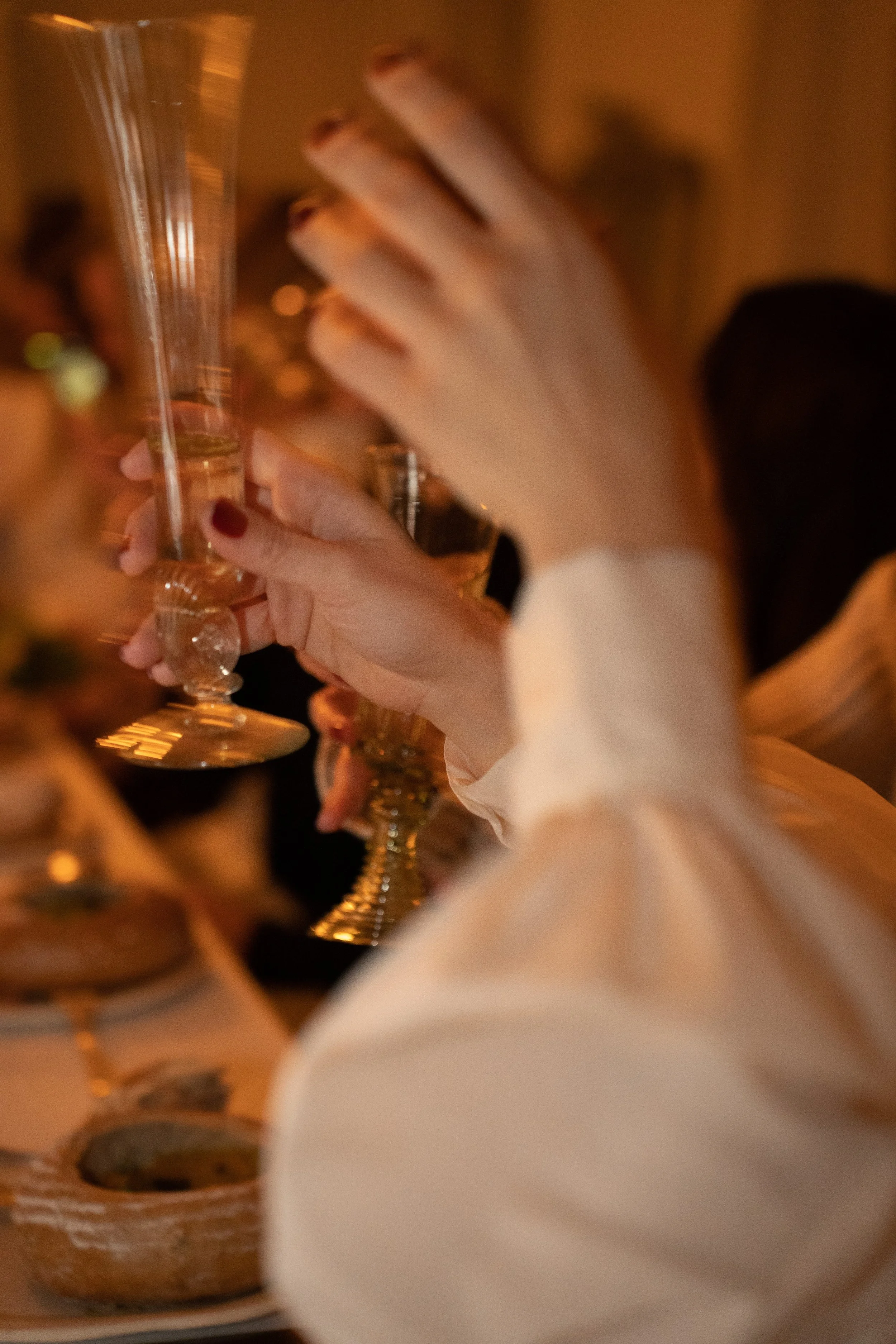 People raising glasses in a toast at a gathering, with a table set with food and drinks in the background.
