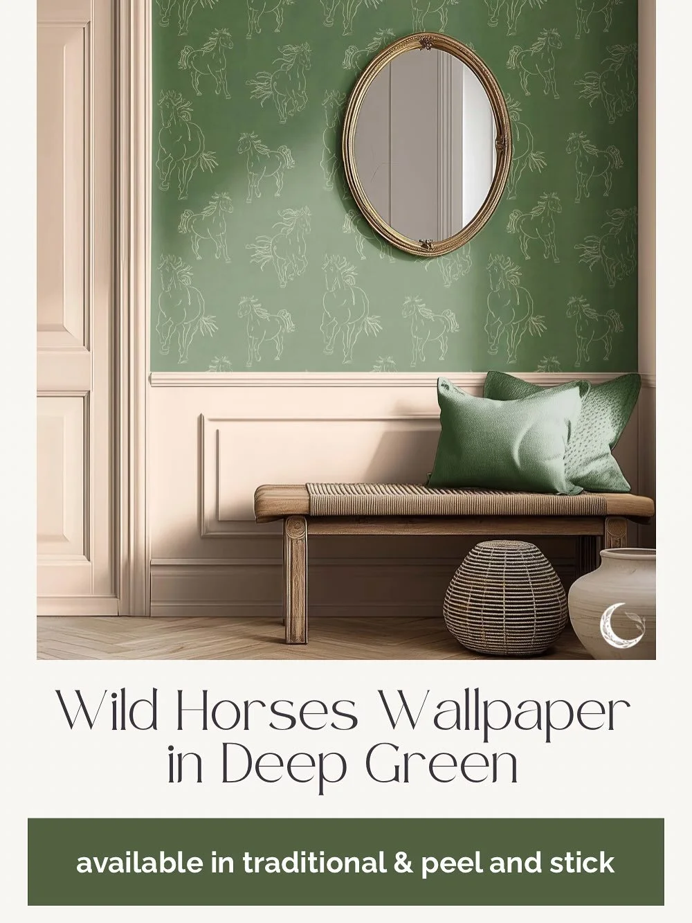 ✨New Collection Available on Etsy✨ Wild horses galloping free in earthy green creates a dynamic accent wall for any room. Part of the Desert Edge Wild Horses Collection, this wallpaper is available in peel and stick and several other applications typ