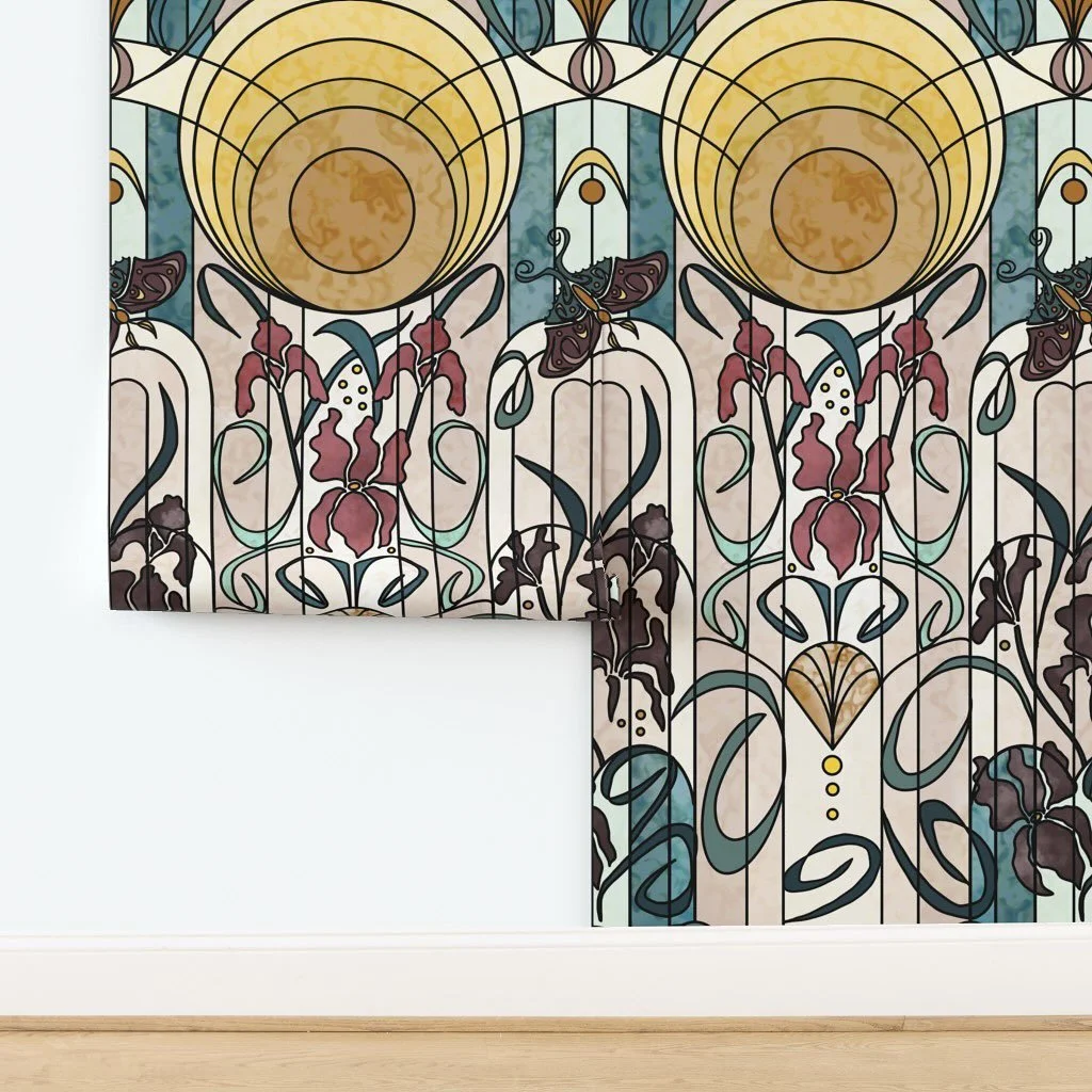 This is my entry for the #retroartnouveau design contest on @spoonflower! Inspired by the warm glow of art nouveau and art deco stained glass, this design is meant to infuse any room with softly illuminated irises in tones of dusty pink, burgundy, em