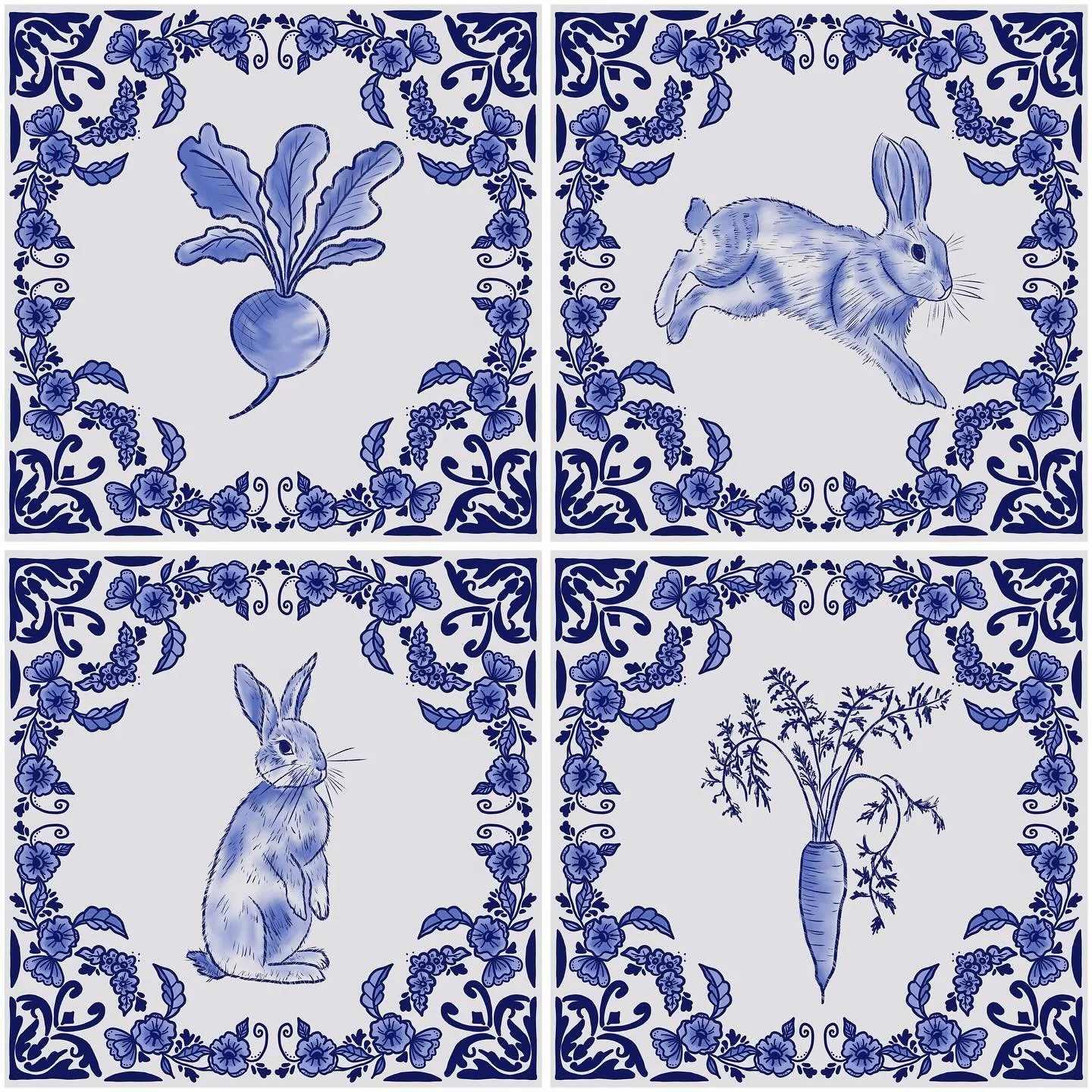 My entry for the Delft Tile design contest with @spoonflower! Inspired by Grandma&rsquo;s garden and the all to real battle between gardener and super cute, but destructive creatures like bunnies. In the end, there&rsquo;s enough for everyone. #spoon