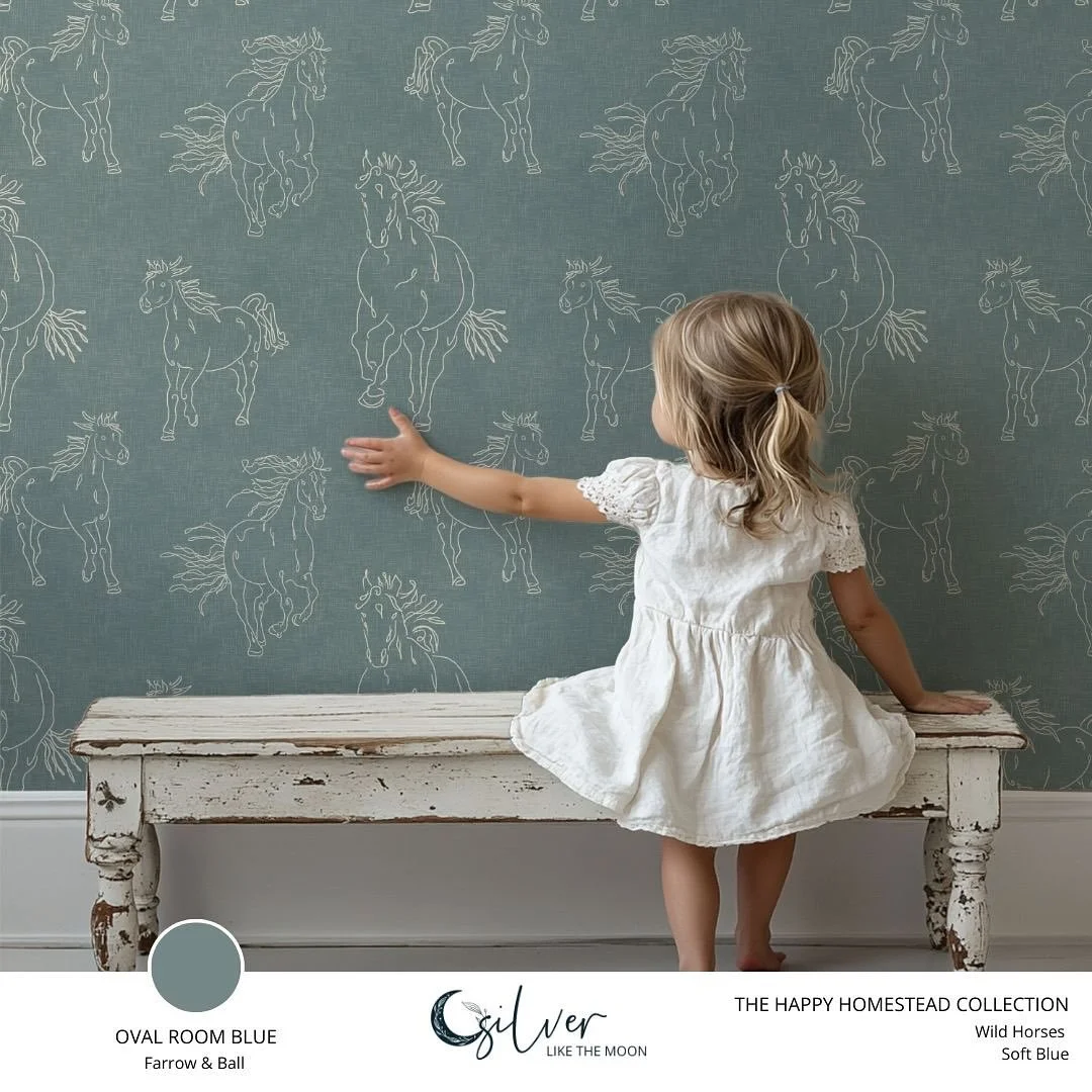Wild horses running free in the field on the happy homestead! In a gorgeous array of soft, muted traditional colors from @farrowandball, @sherwinwilliams, and @benjaminmoore! Available as wallpaper and fabric. Open to art licensing as well as color o