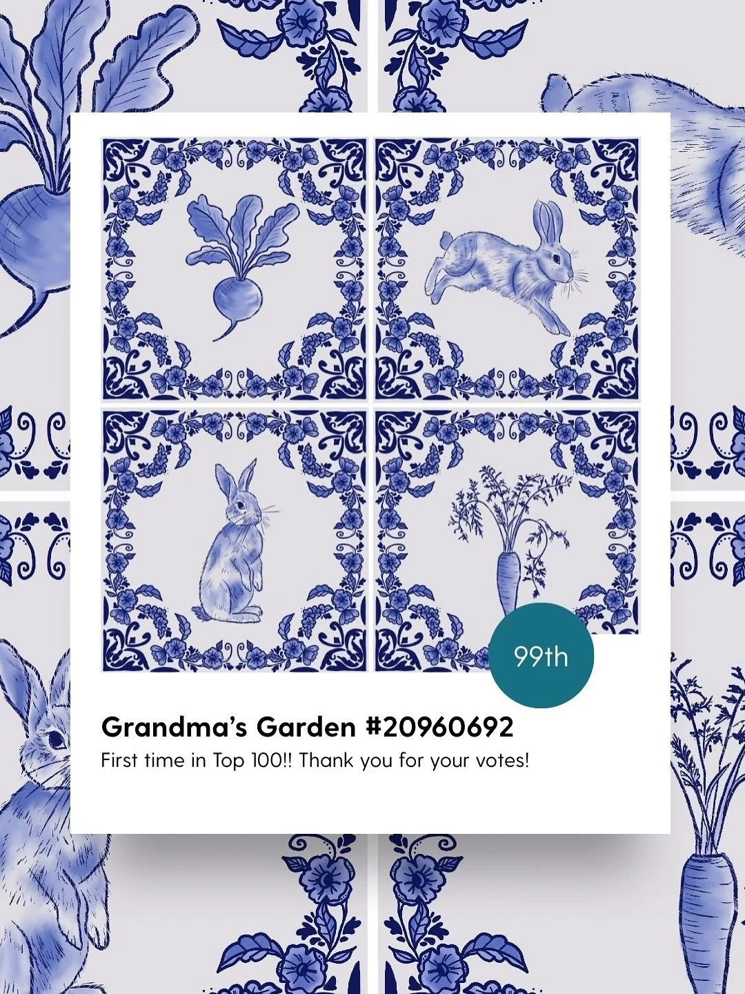 Yahoo!!! I made it into the Spoonflower Top 100!! Just barely but I&rsquo;m so excited to start 2026 with a win!! Thank you so much to everyone who voted for my design! There were some beautiful entries! Bunnies and veggies for the win! #spoonflower 