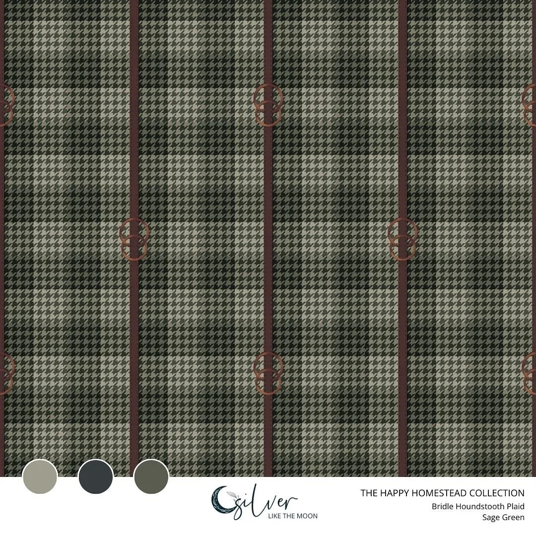 Equestrian flare like these horse bridle houndstooth plaid are sprinkled throughout The Happy Homestead Collection. I can see this in a tiny little powder room in a riding stable or mud room. Combined with wainscoting and hooks for horse riding gear!