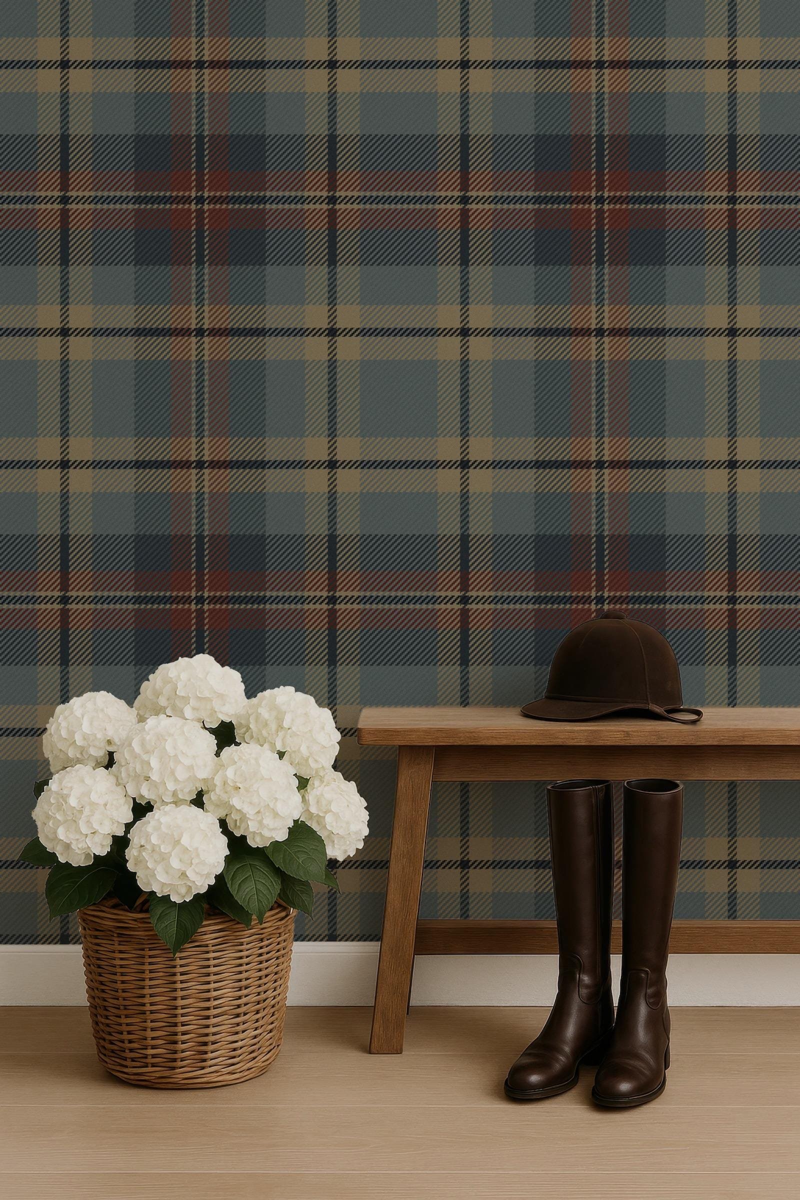 Heritage Plaid Tartan Twill in Cozy Red Gold and Slate Blue