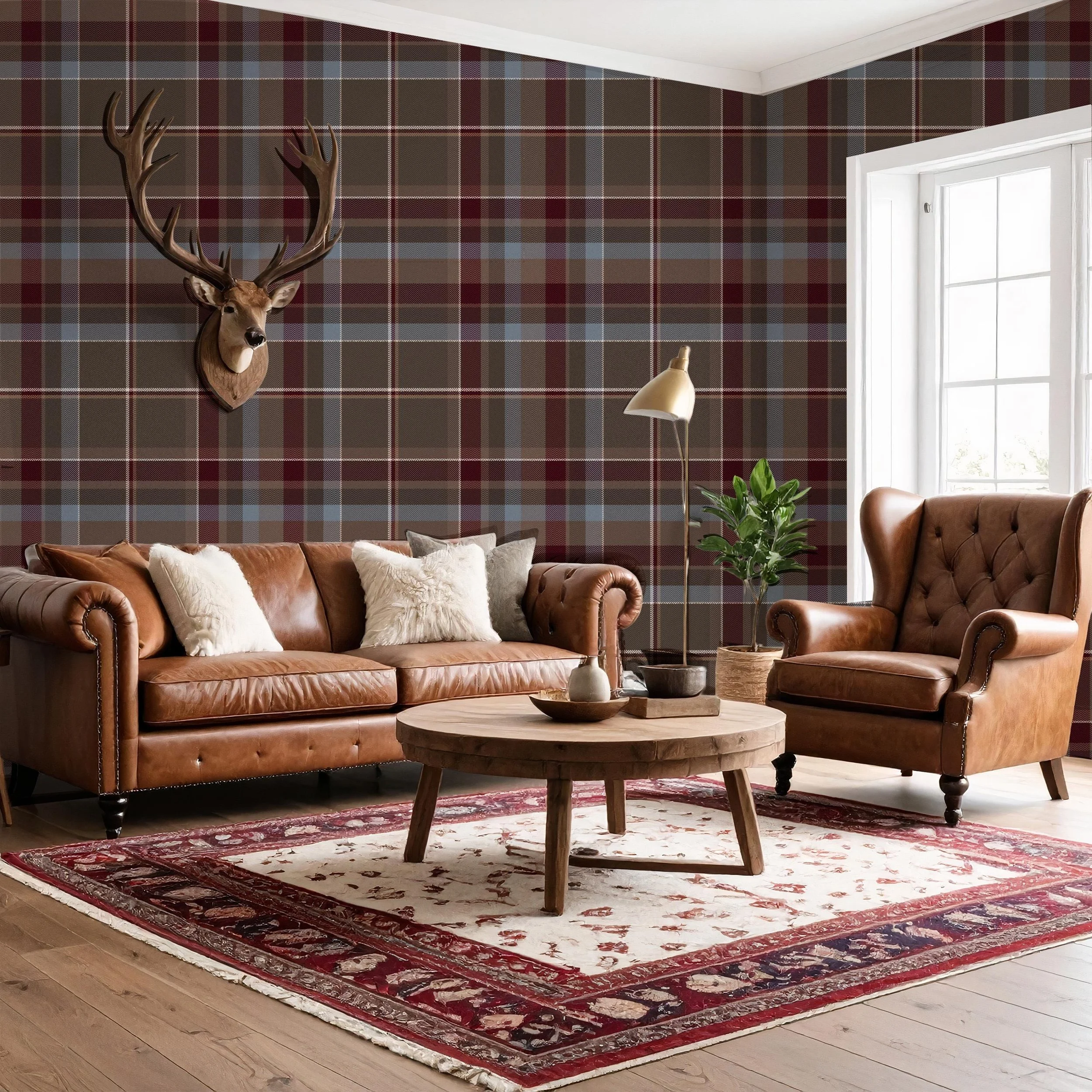 Heritage Plaid Tartan Twill in Dark Moody Cranberry Red Gray and Slate Blue