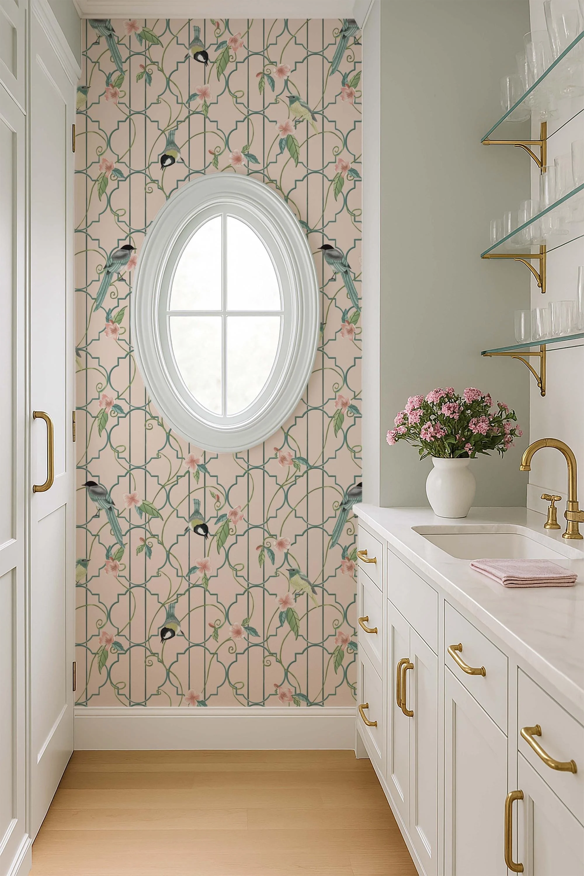 Chinoiserie Birds on Garden Lattice in Blush Large