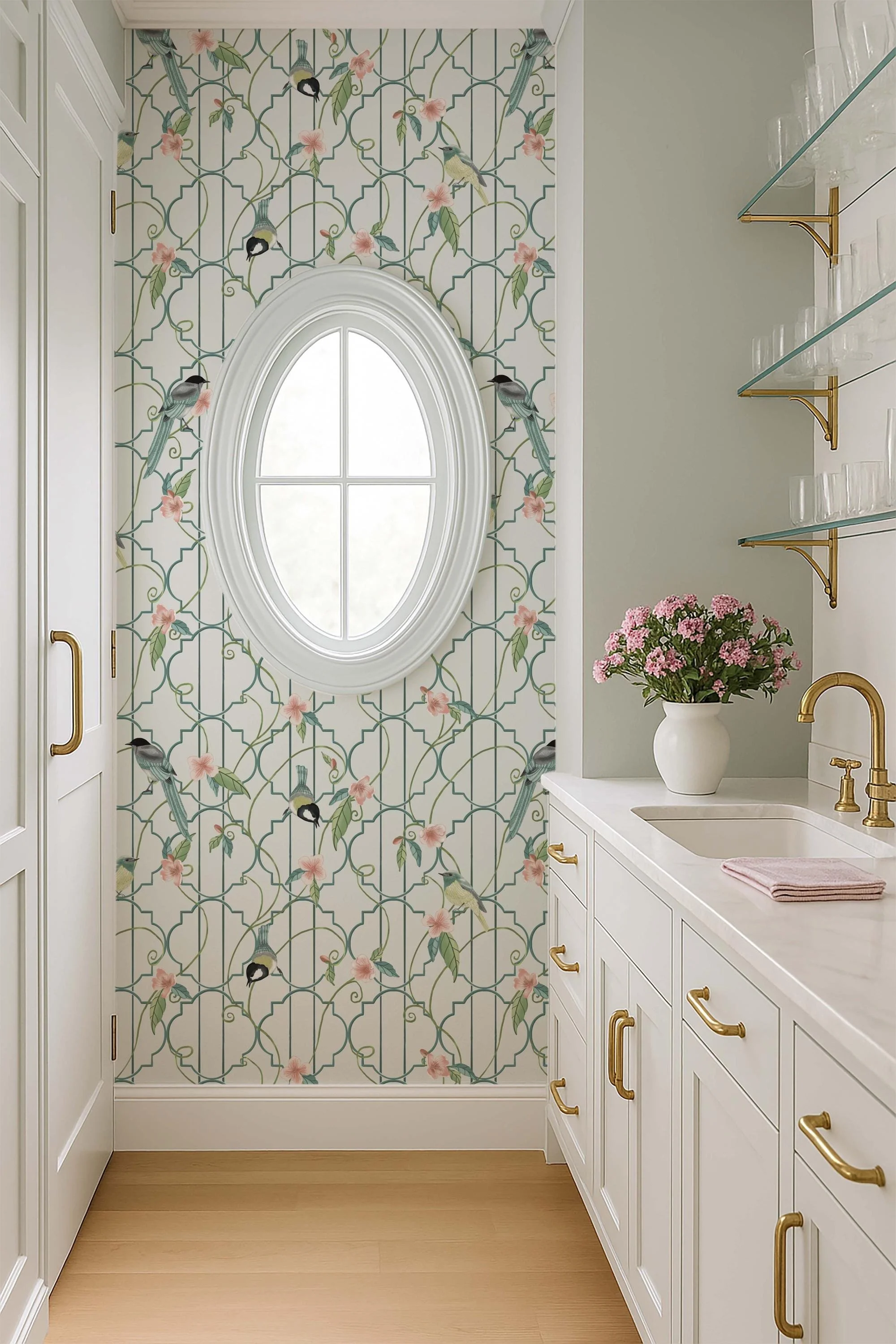 Chinoiserie Birds on Garden Lattice in Soft Celadon Blue Large