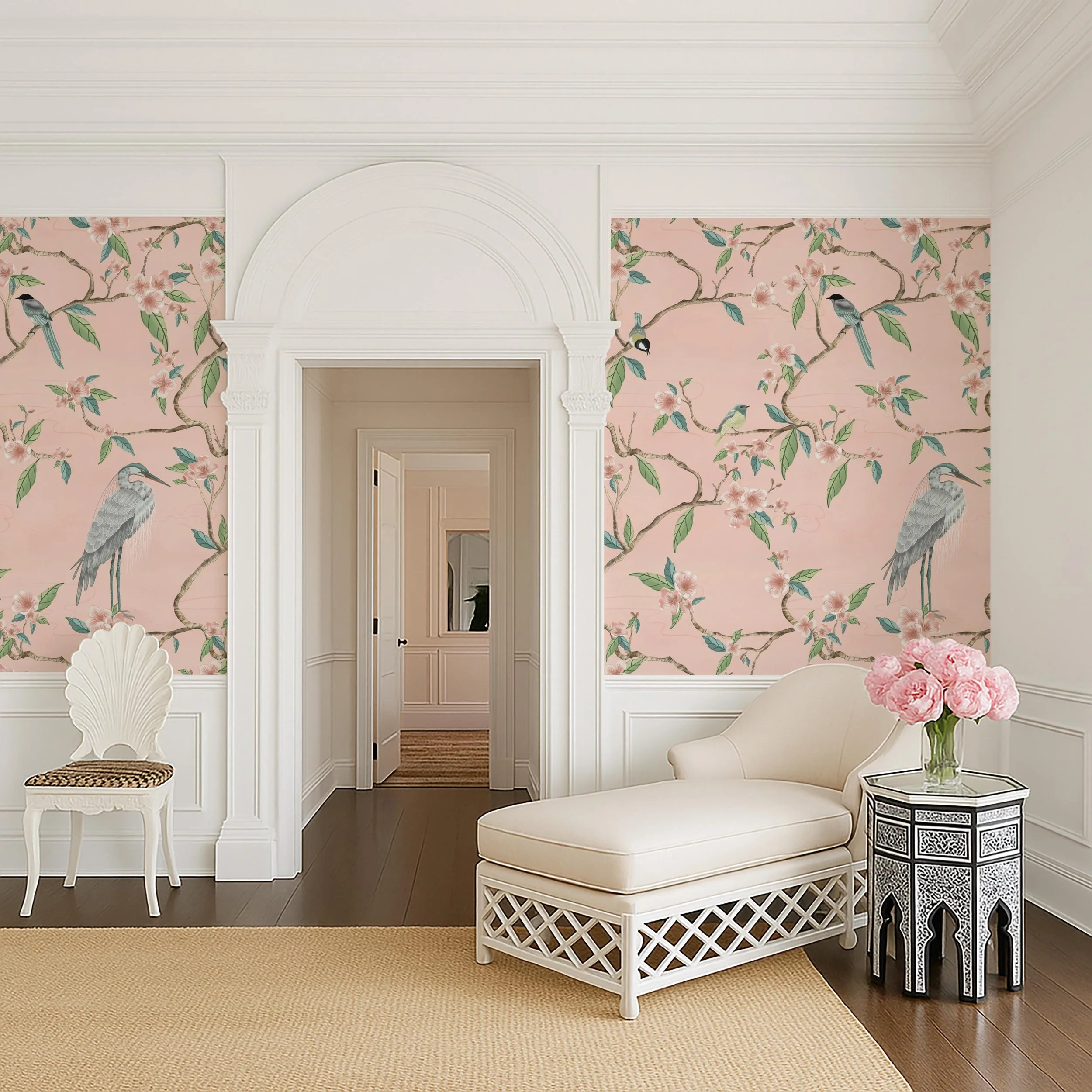 Chinoiserie Crane and Peach Blossoms in Soft Blush