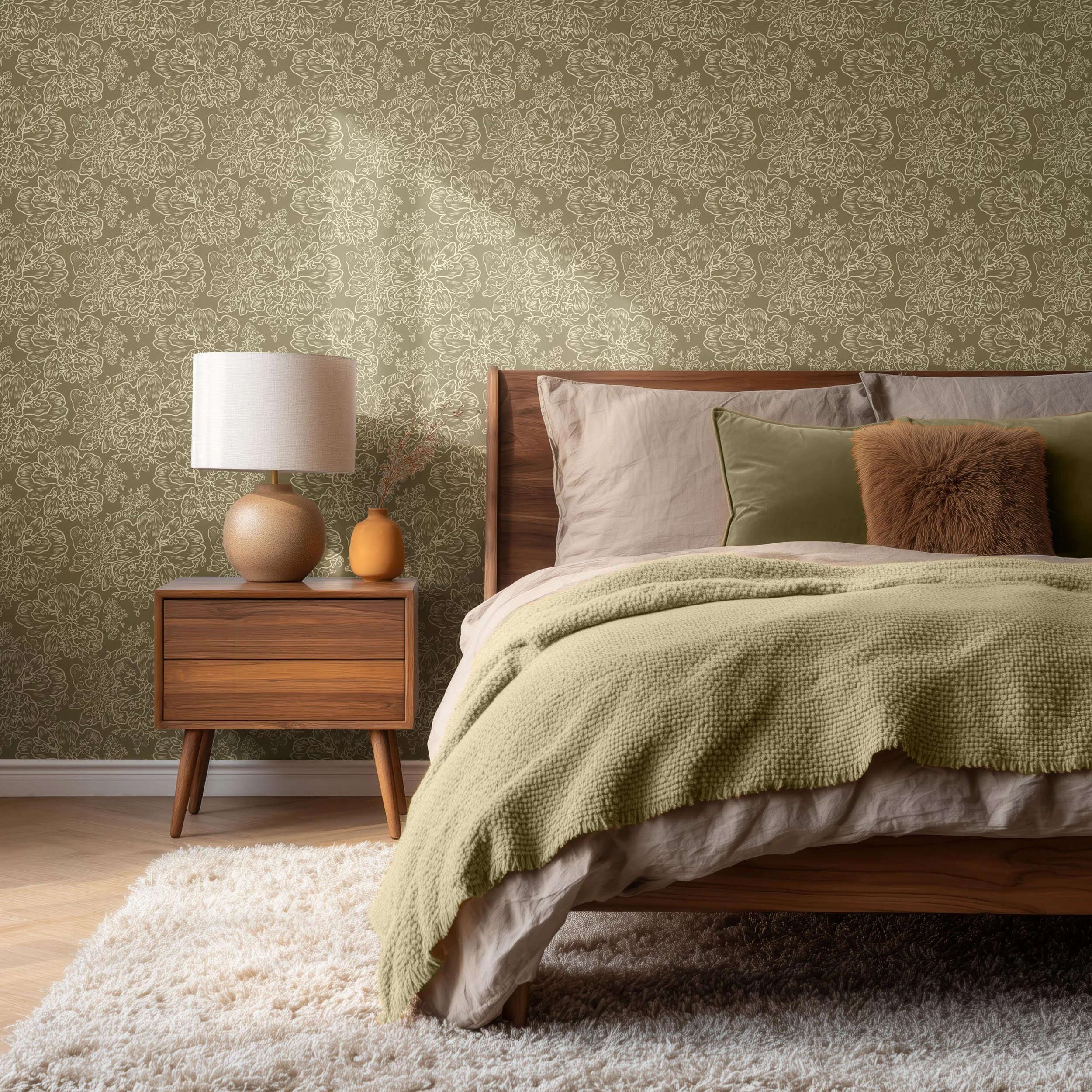 Delicate Hand Drawn Floral Lace in Olive Cream