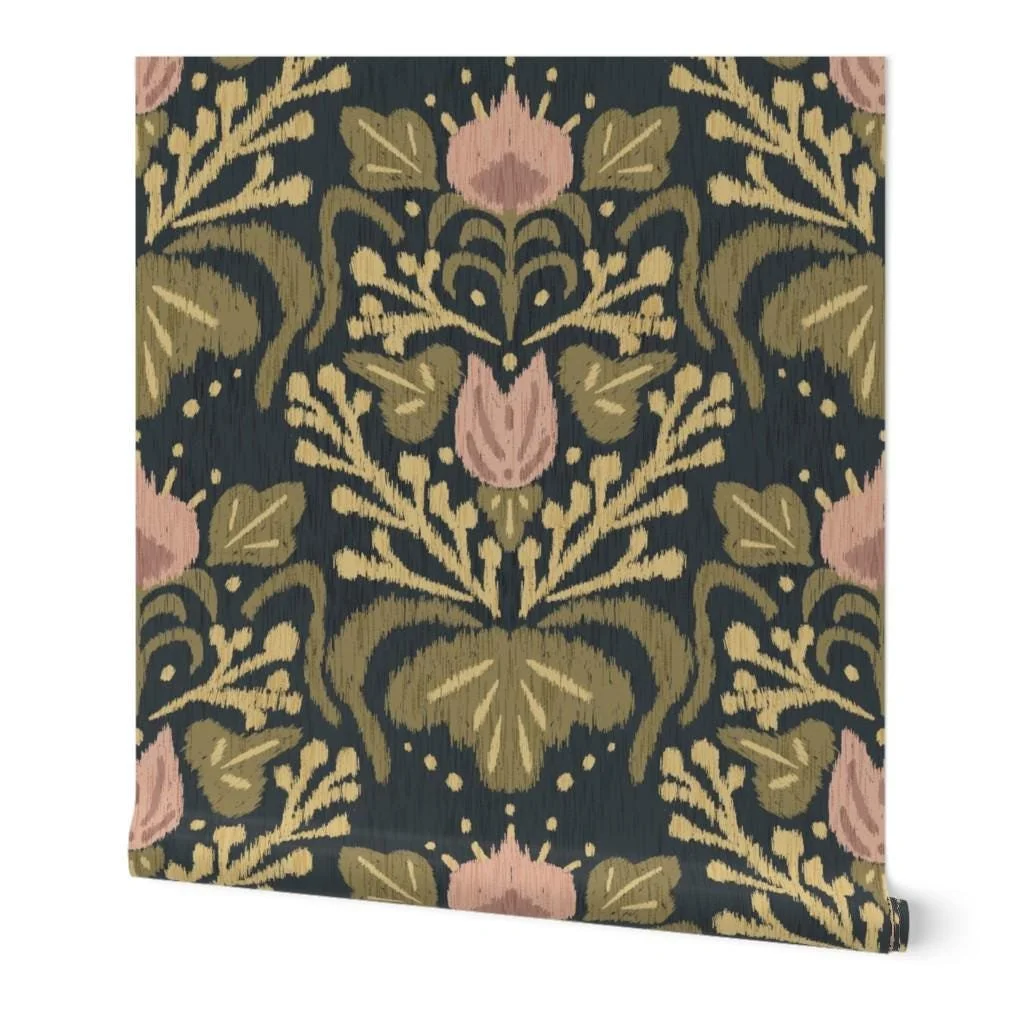 Ikat Indian Floral Slate Blue Olive Terracotta Large