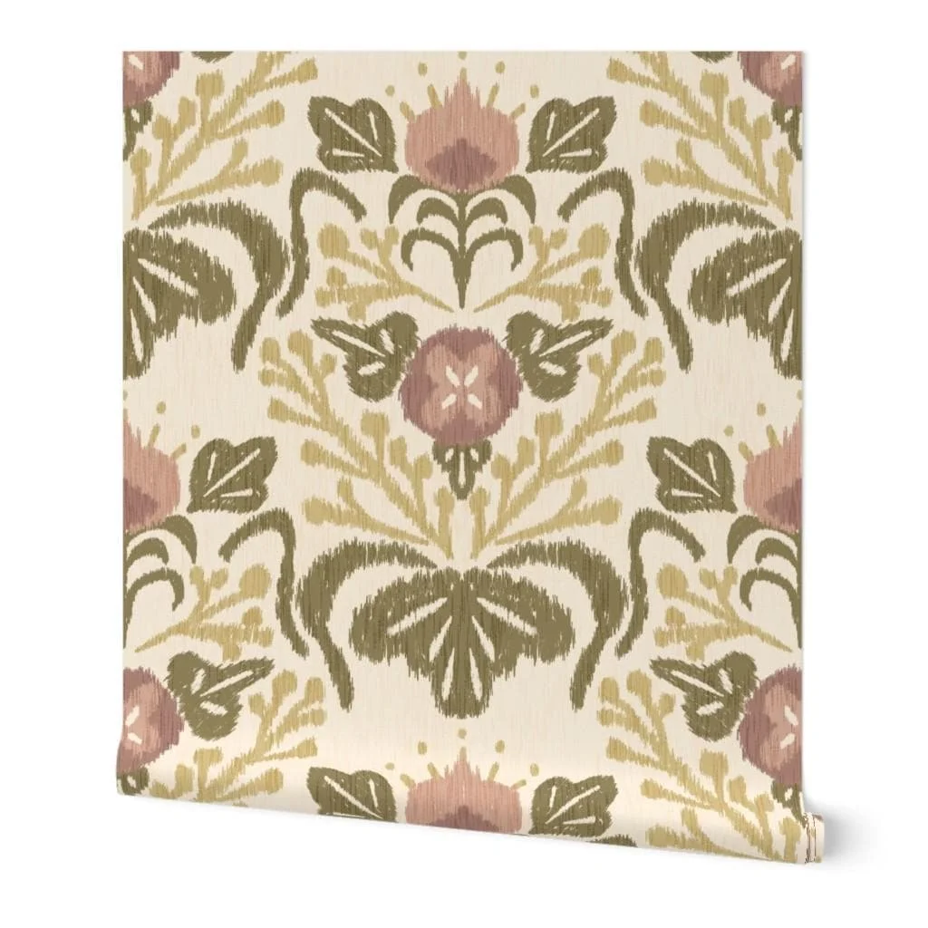 Ikat Indian Floral Cream Olive Terracotta Large