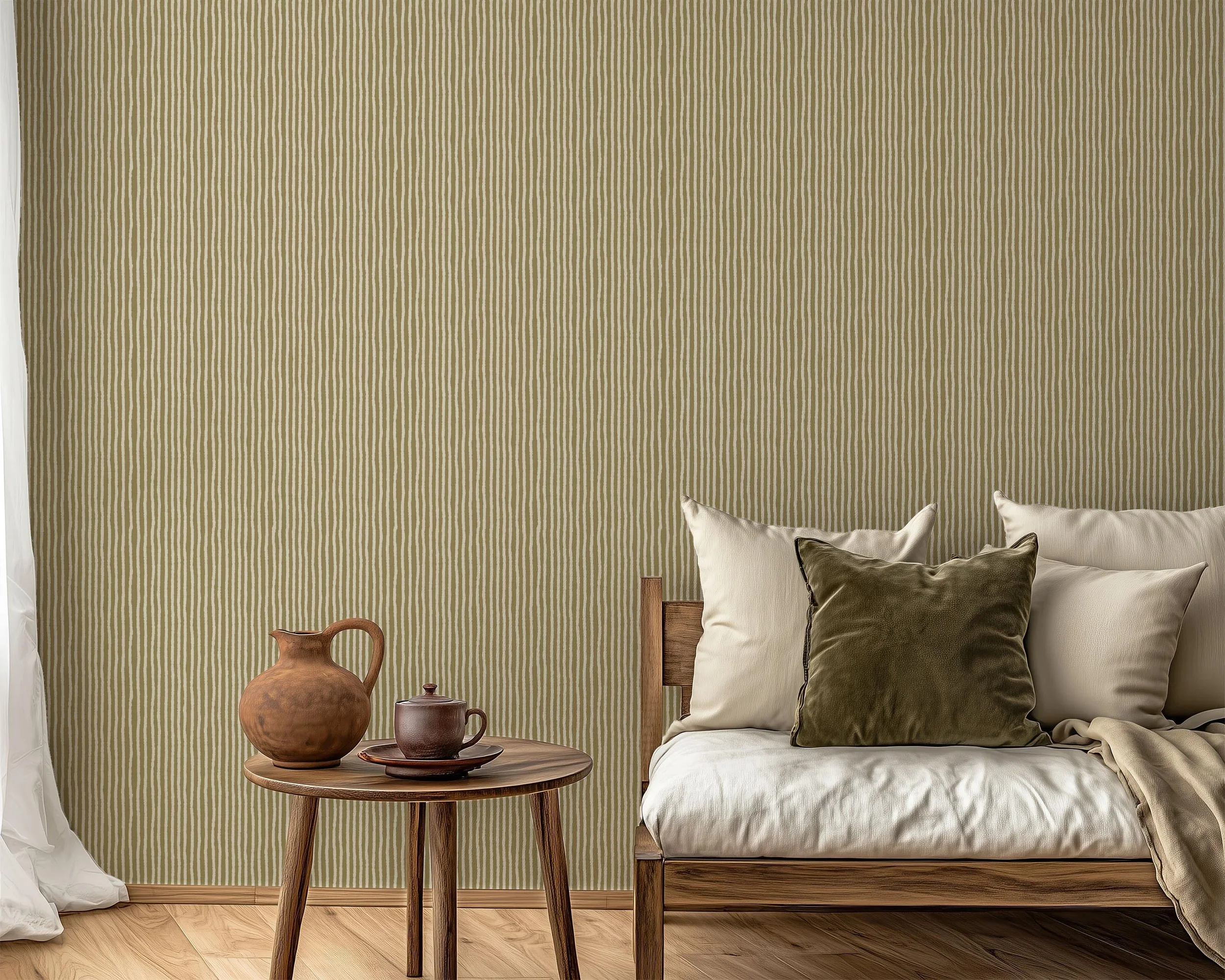 Organic Wavy Linen Pinstripe in Olive Green