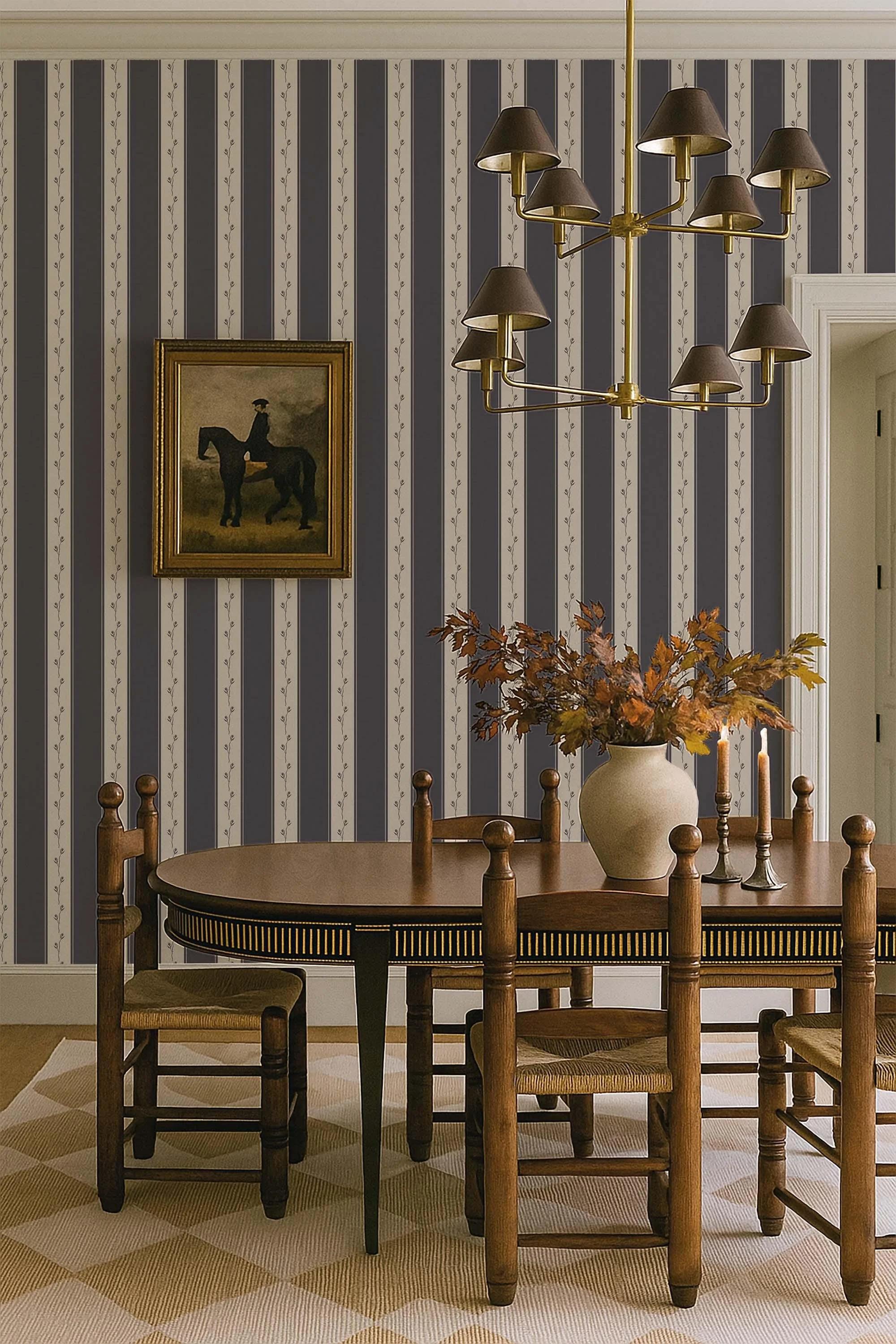 Traditional French Ticking Floral Stripe Navy Blue