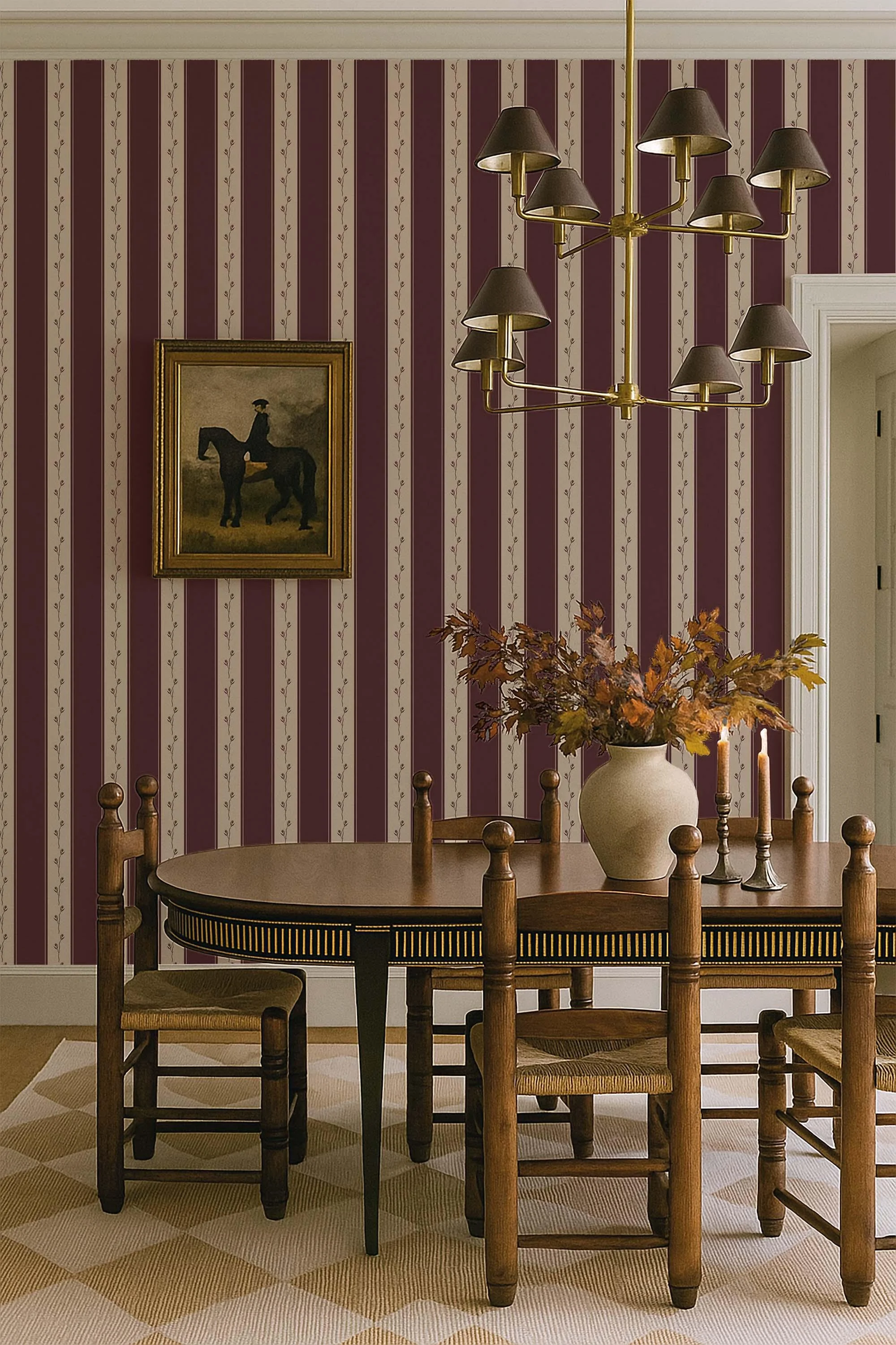 Traditional French Ticking Floral Stripe Burgundy Red