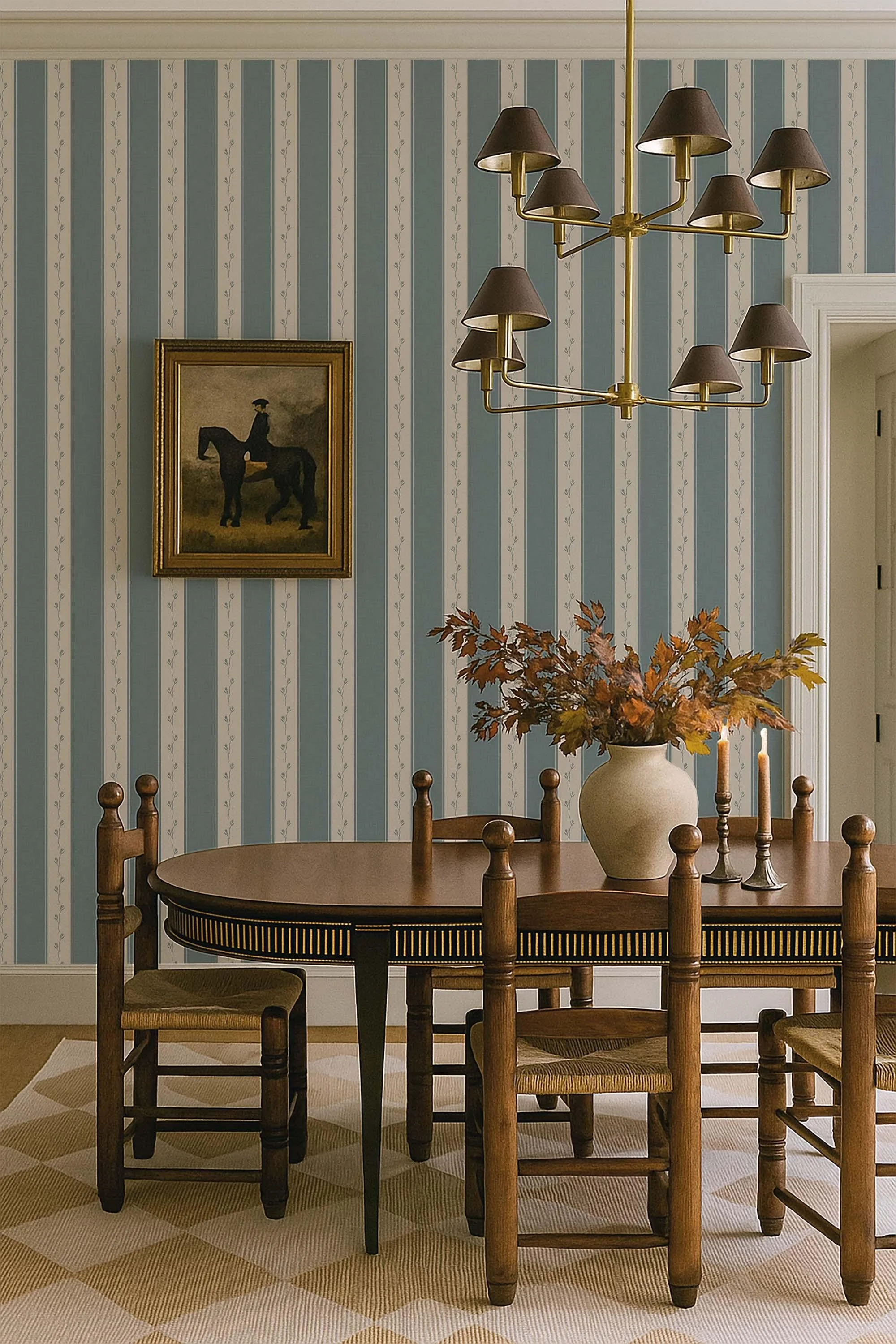 Traditional French Ticking Floral Stripe Soft Blue