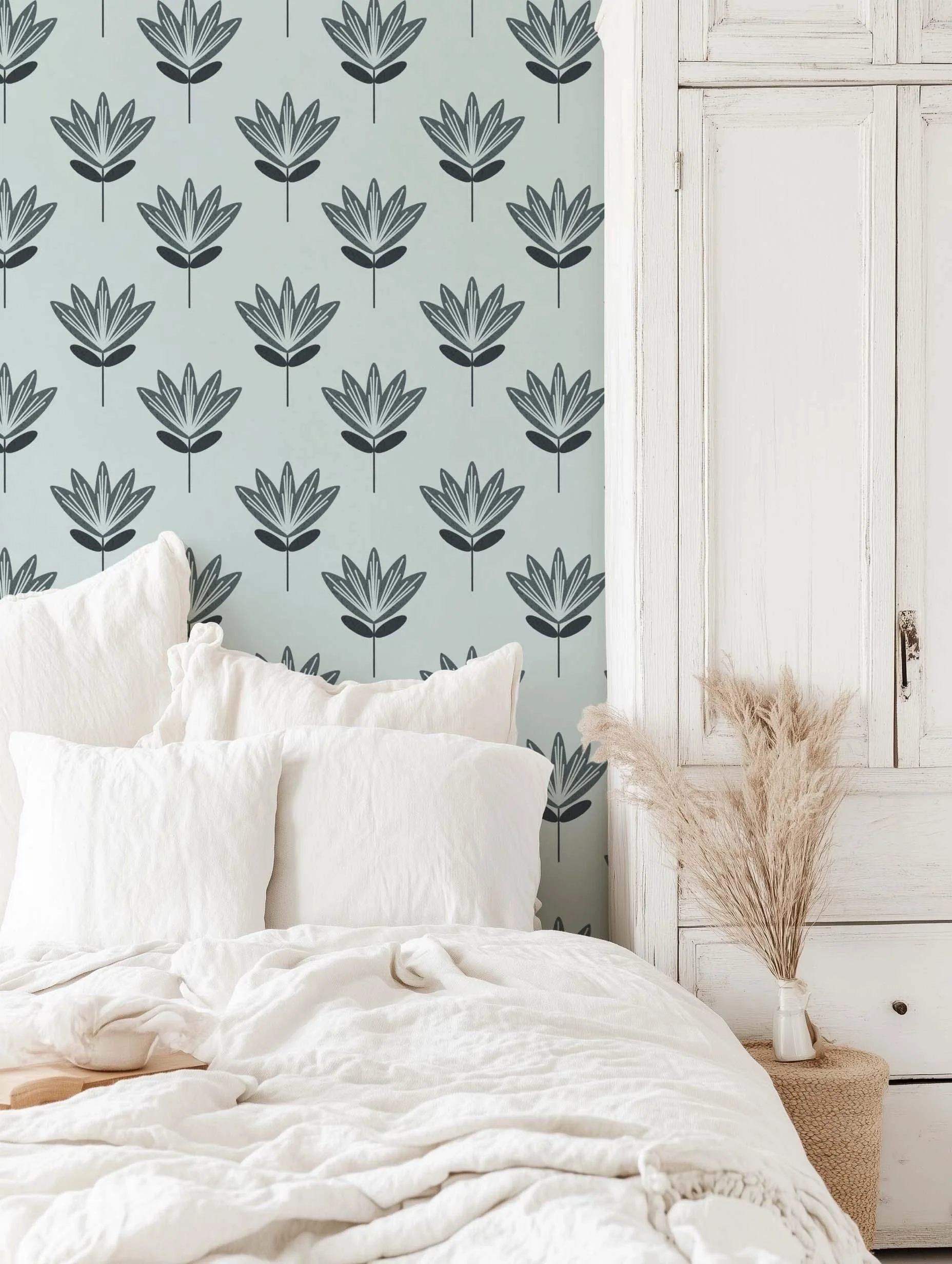 Boho Block Print Flower Light Blue and Slate Blue Large