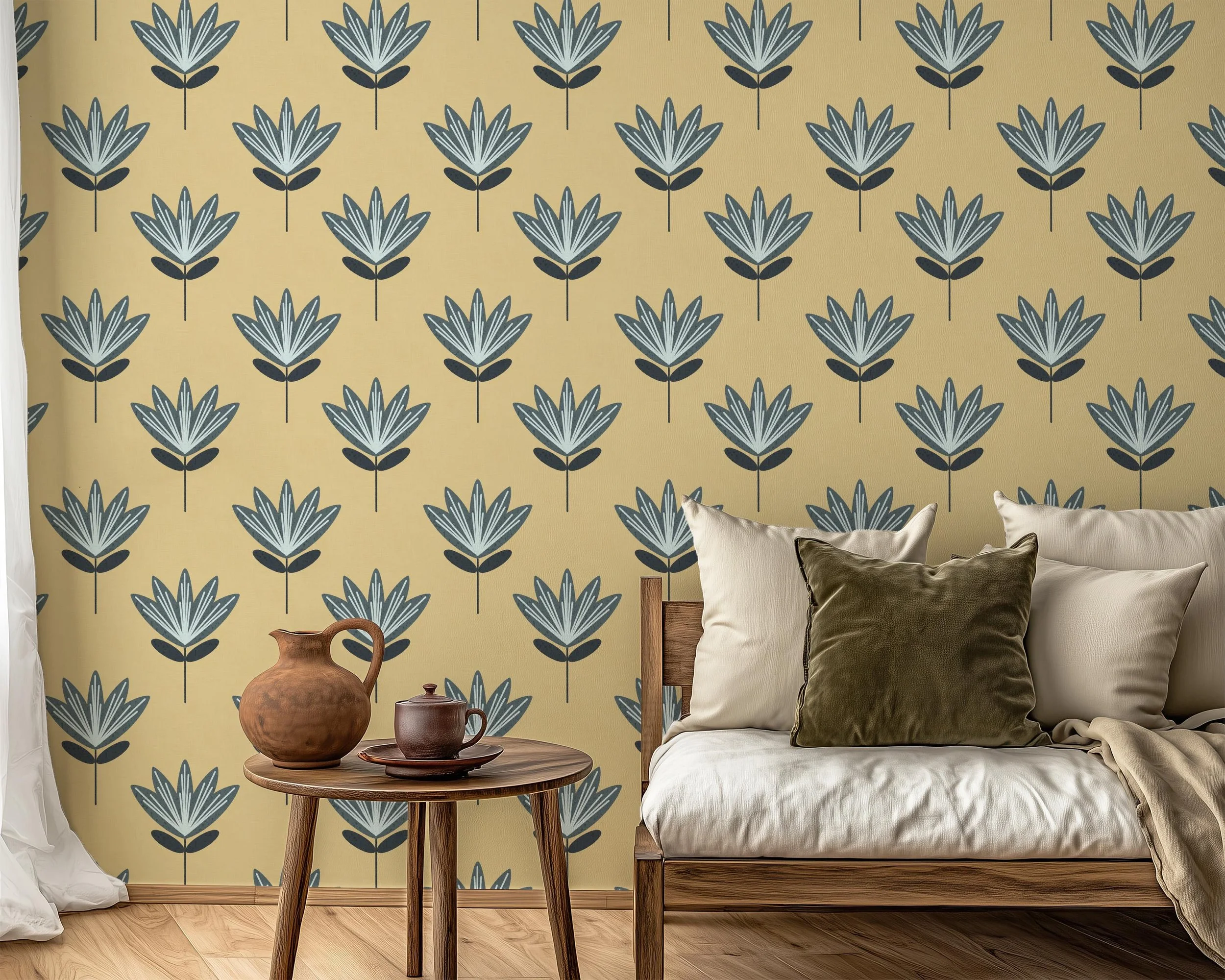Boho Block Print Flower Ochre Yellow and Slate Blue Large