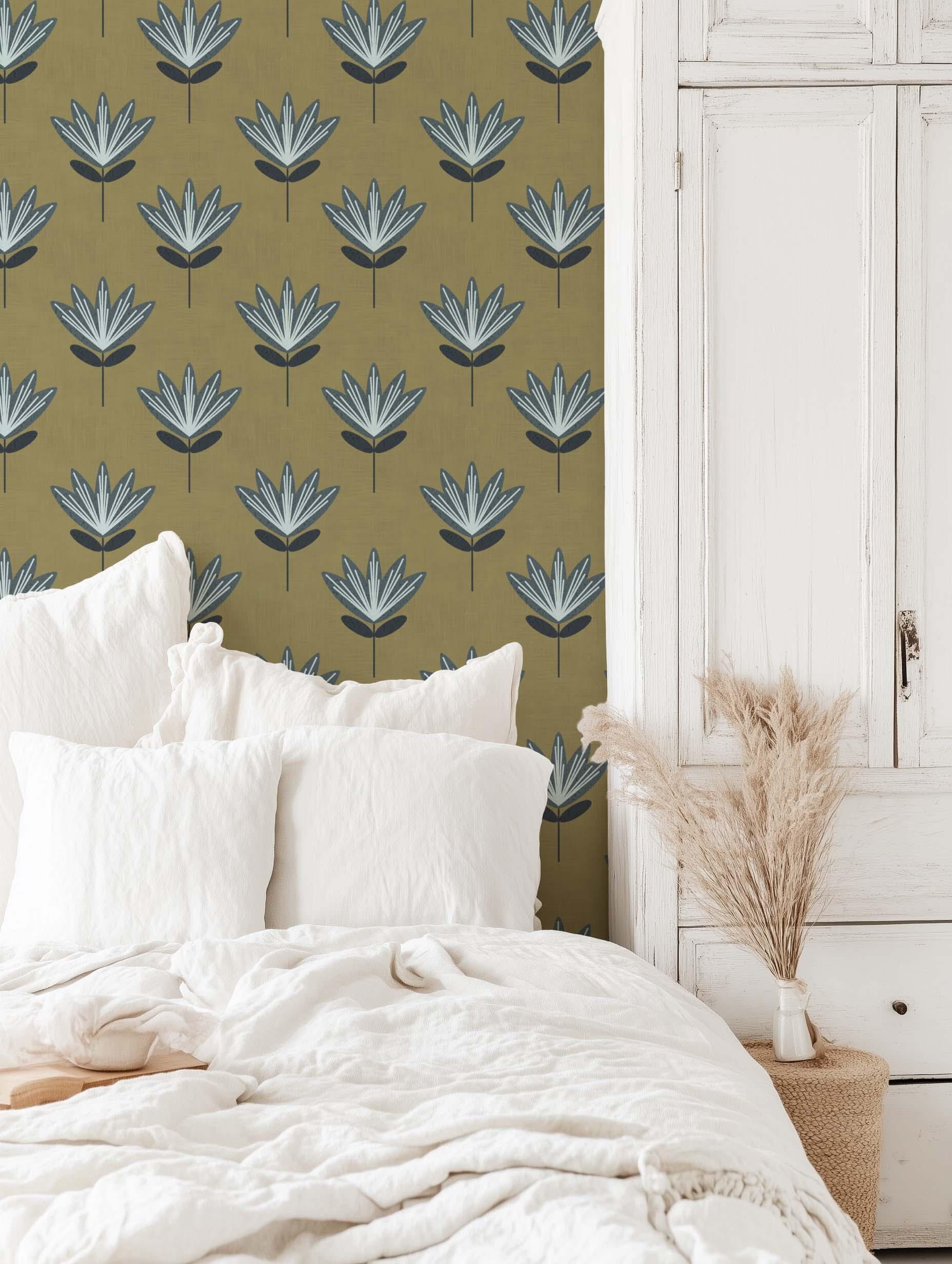 Boho Block Print Flower Olive Green and Slate Blue Large