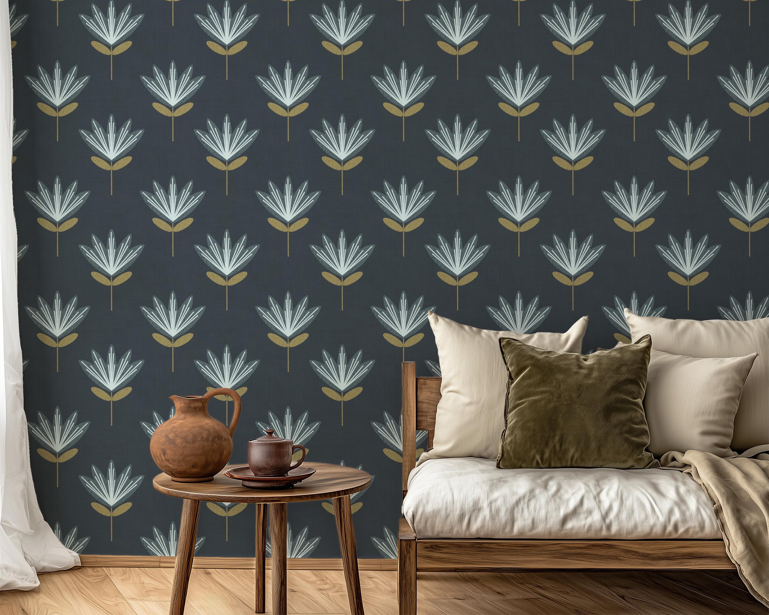 Boho Block Print Flower Slate Blue and Mustard Gold Large