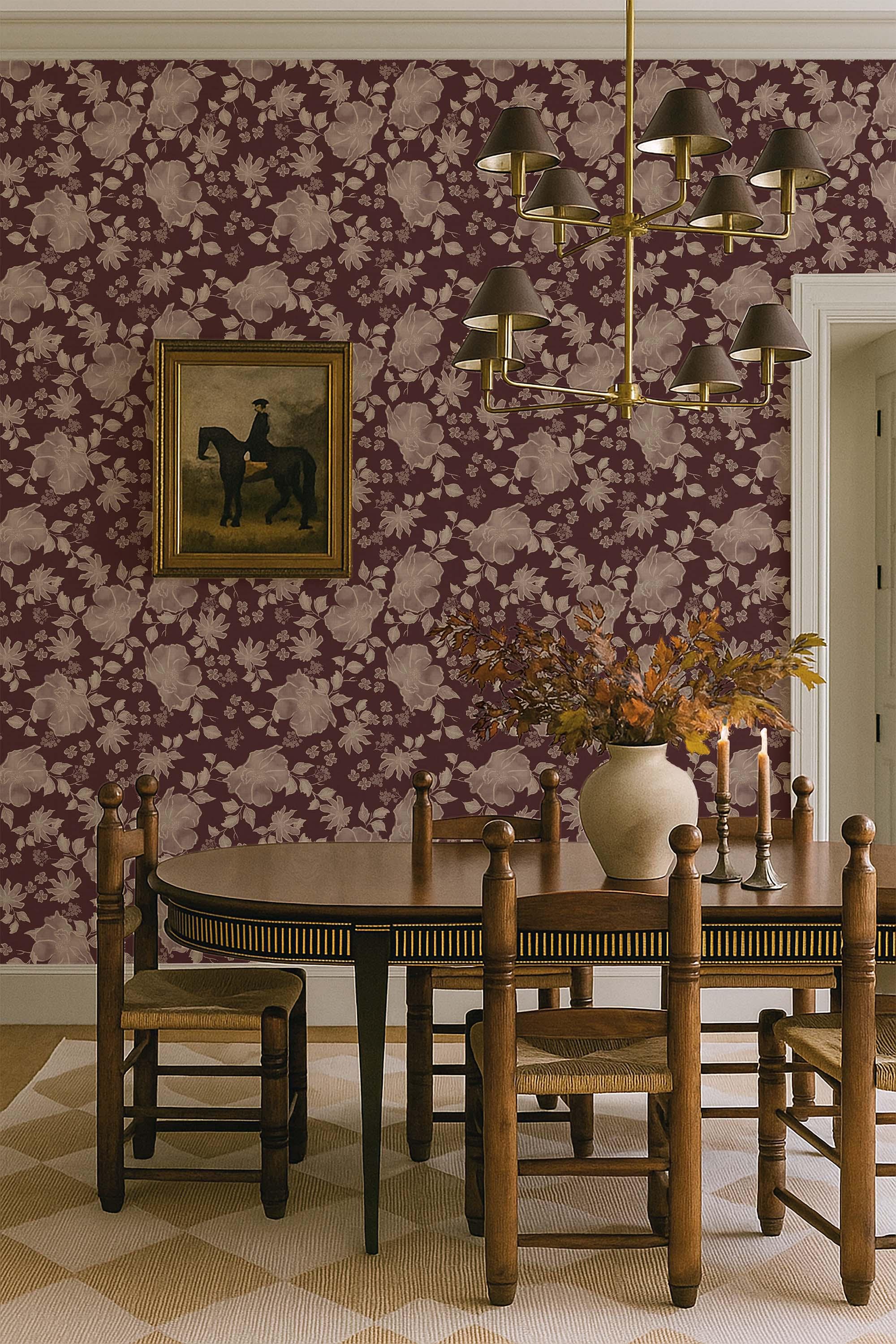 Traditional Vintage Distressed Roses in Burgundy