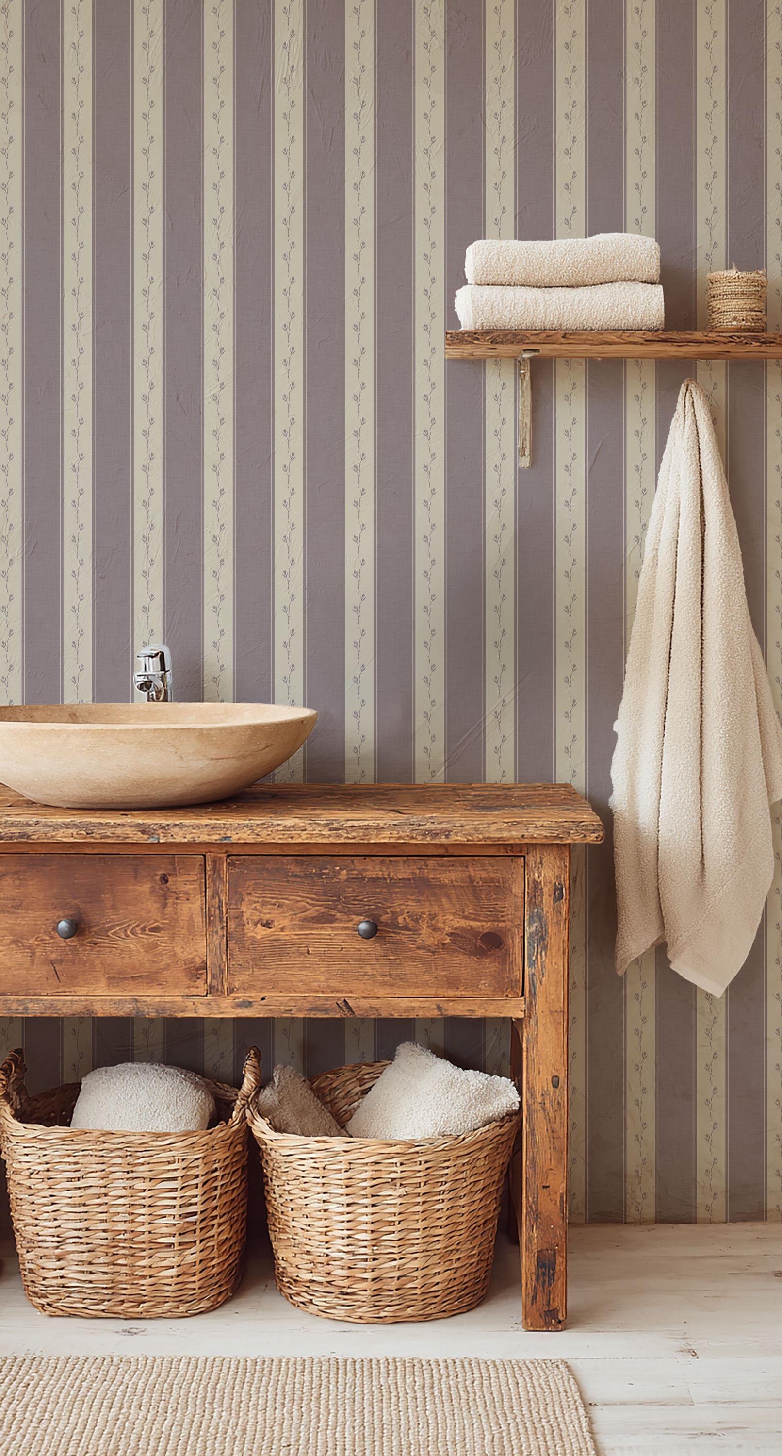 Traditional French Ticking Floral Stripe Dusky Lavender