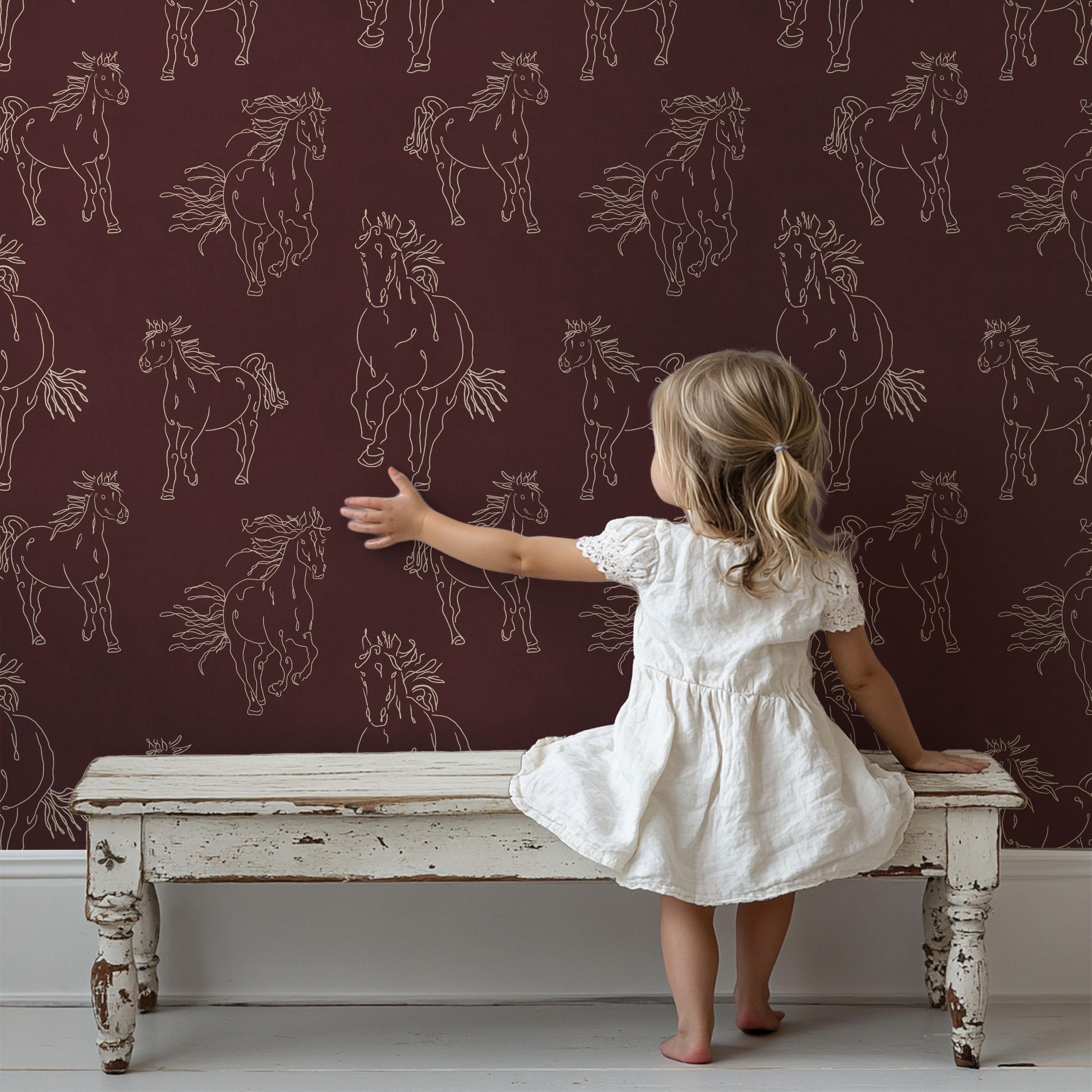 Traditional Rustic Hand Drawn Wild Horses in Burgundy