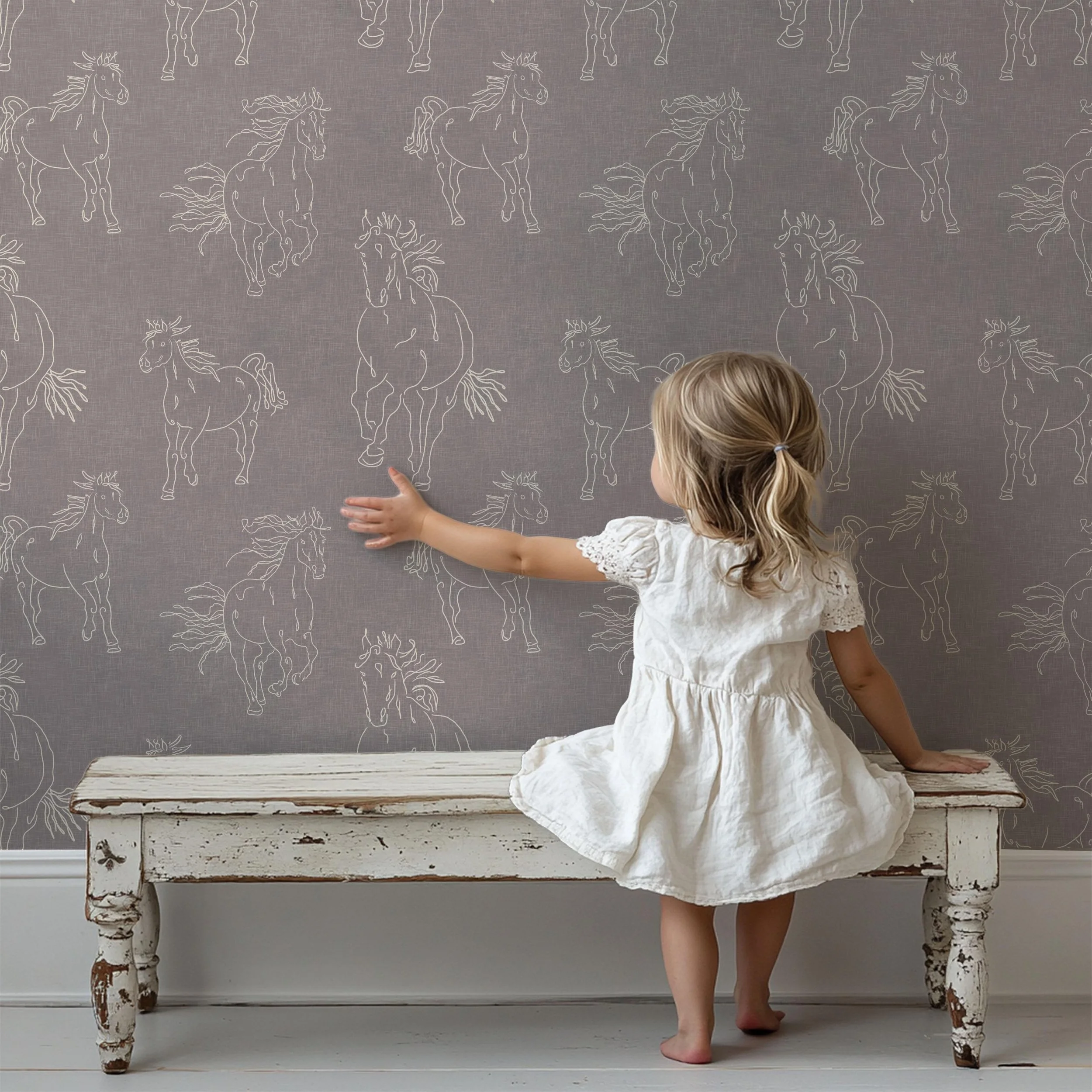 Traditional Rustic Hand Drawn Wild Horses in Dusky Lavender