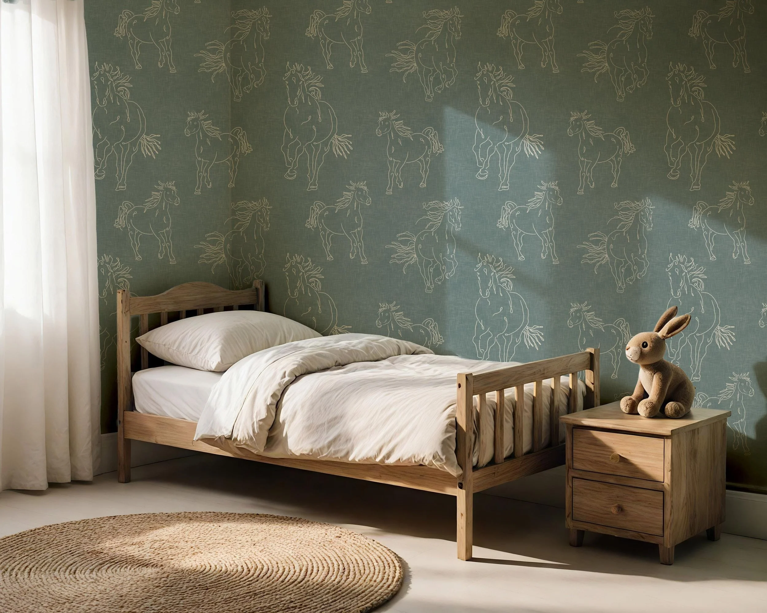 Traditional Rustic Hand Drawn Wild Horses in Soft Blue
