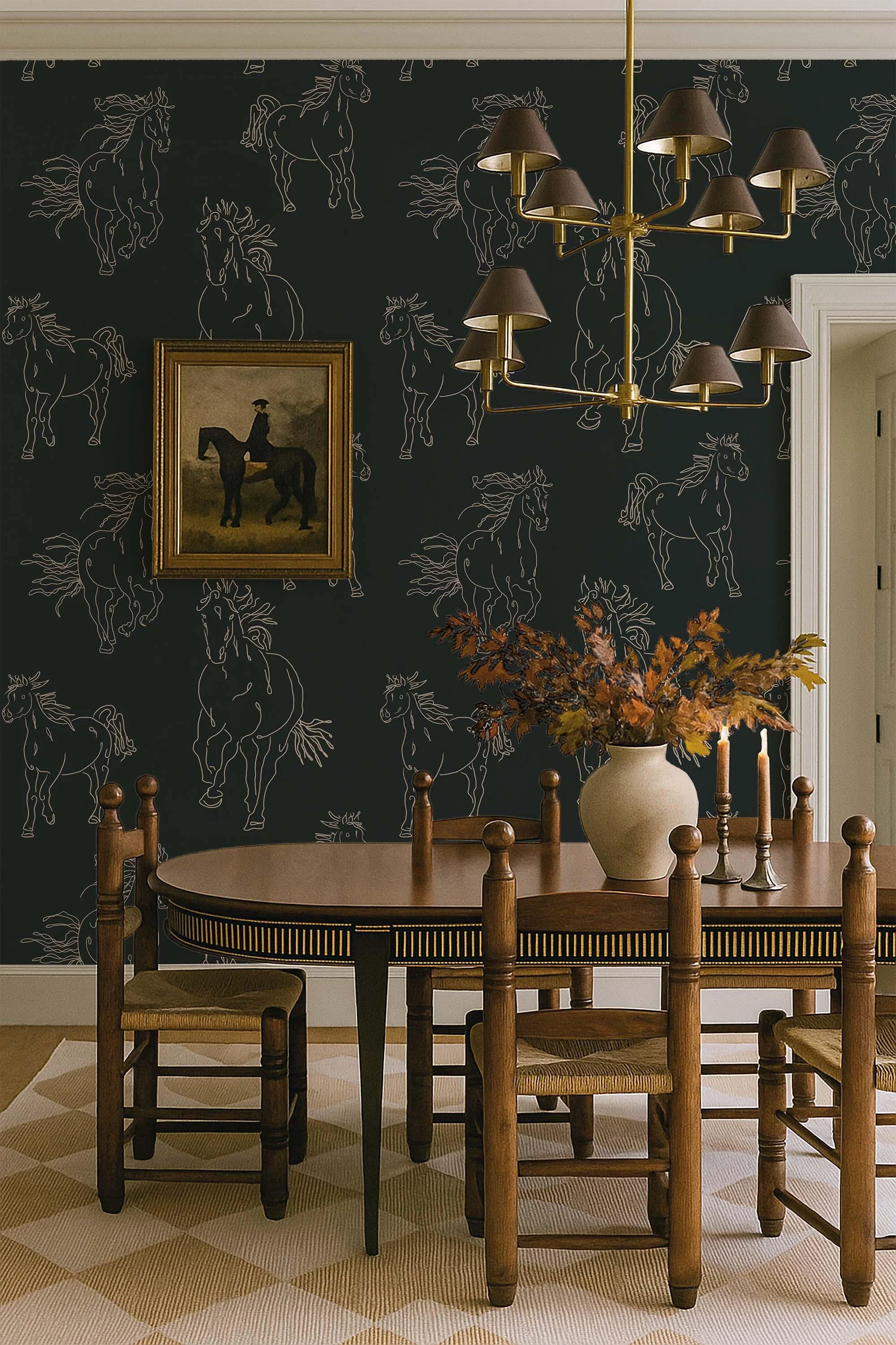 Traditional Rustic Hand Drawn Wild Horses in Deep Forest Green