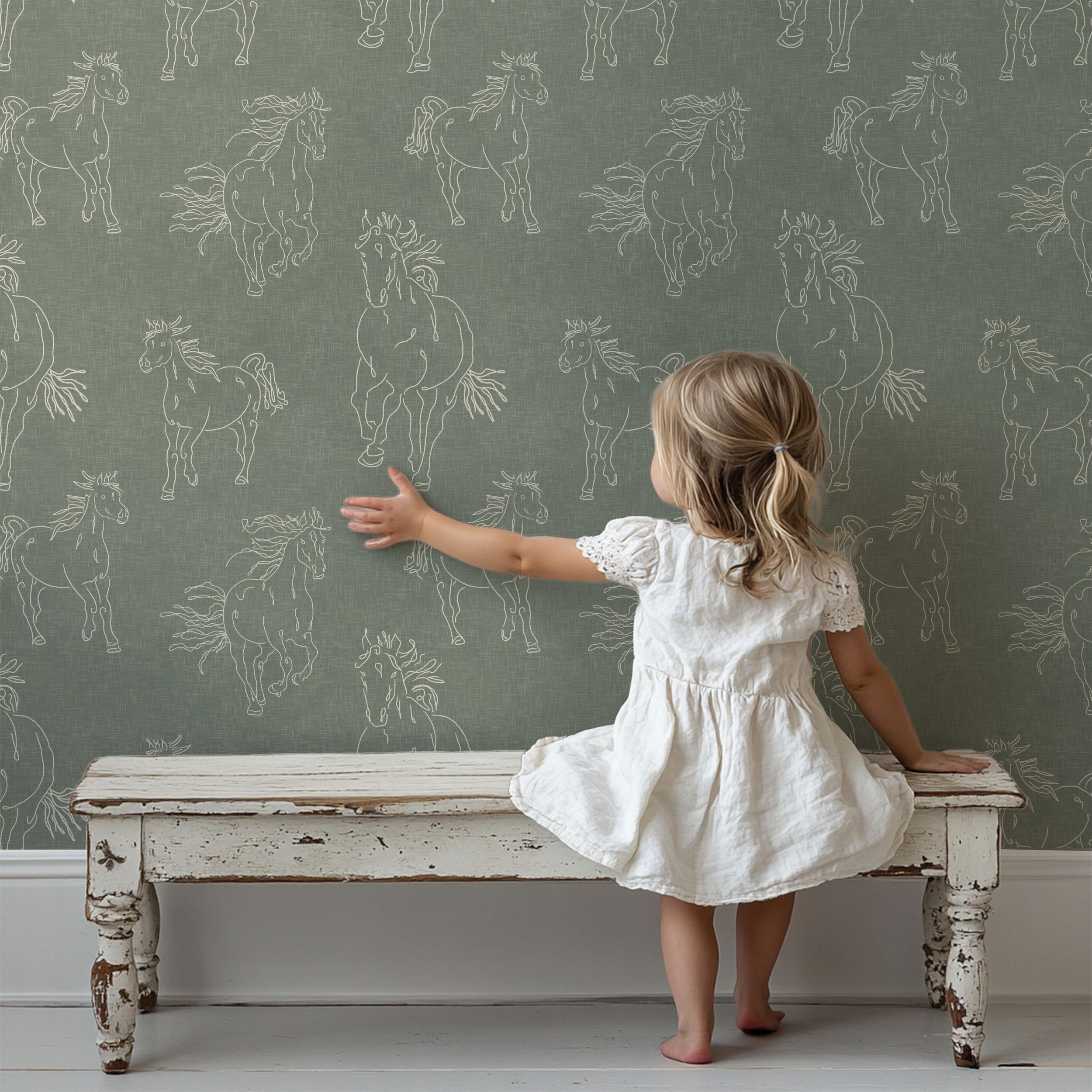 Traditional Rustic Hand Drawn Wild Horses in Light Sage Green