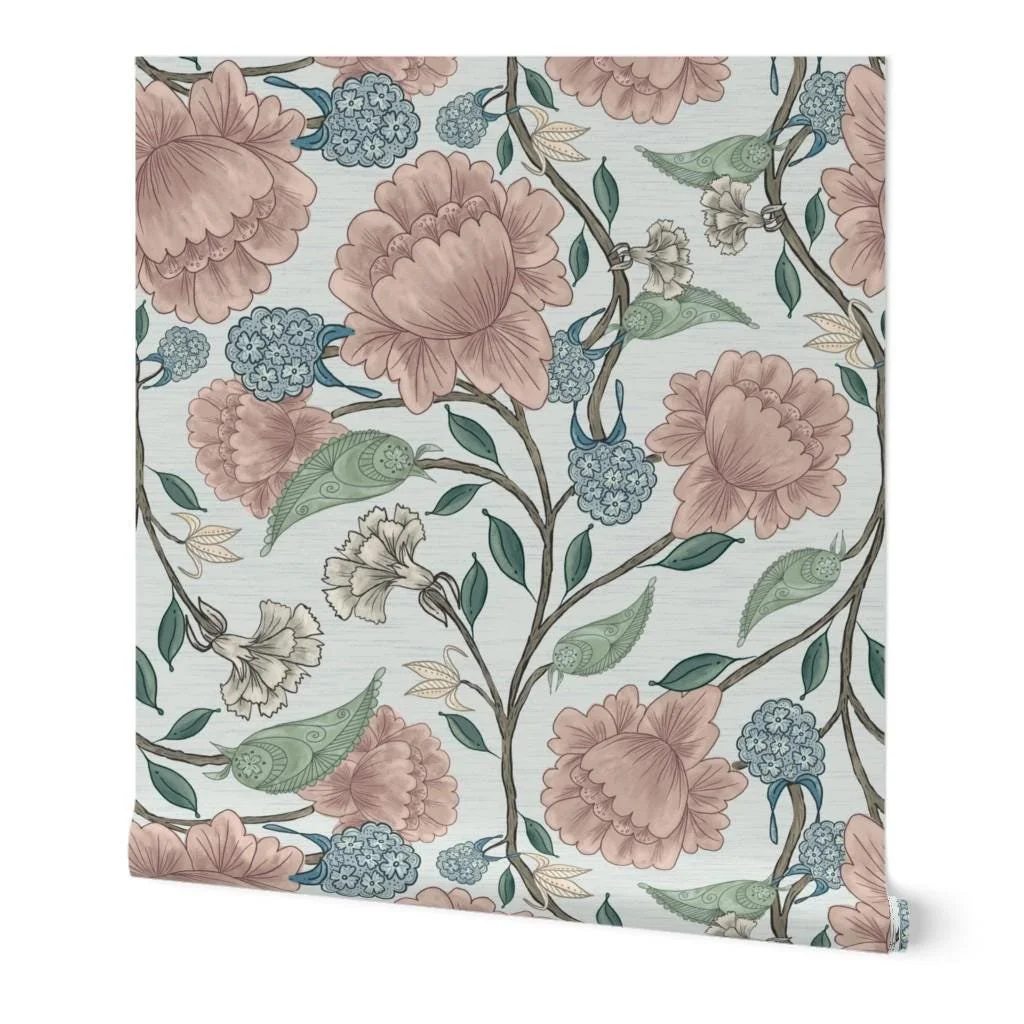 Indian Floral Soft Blues Blush Green
