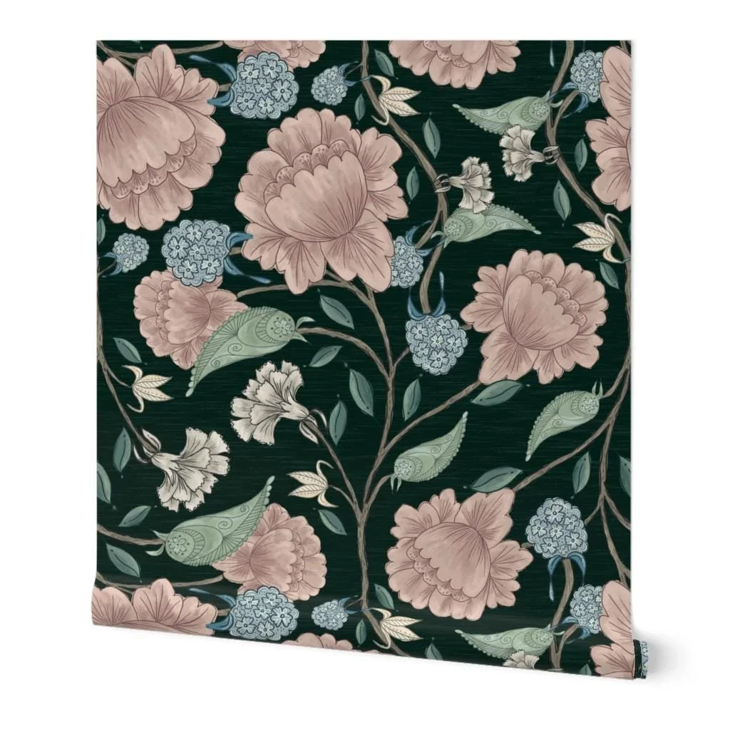 Indian Floral Deep Green Blue Blush