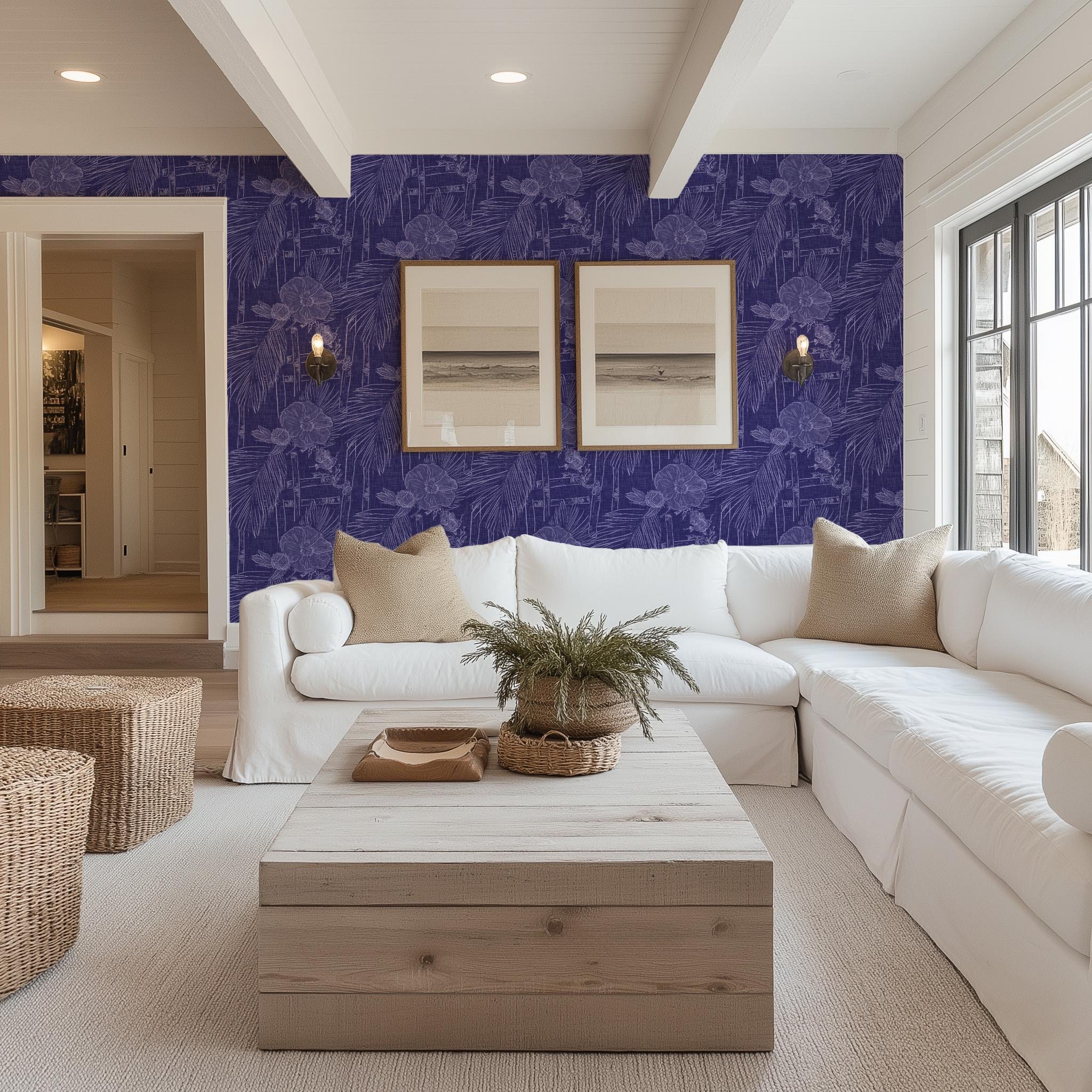 Tropical Beach Florals on Bamboo Lattice in Violet