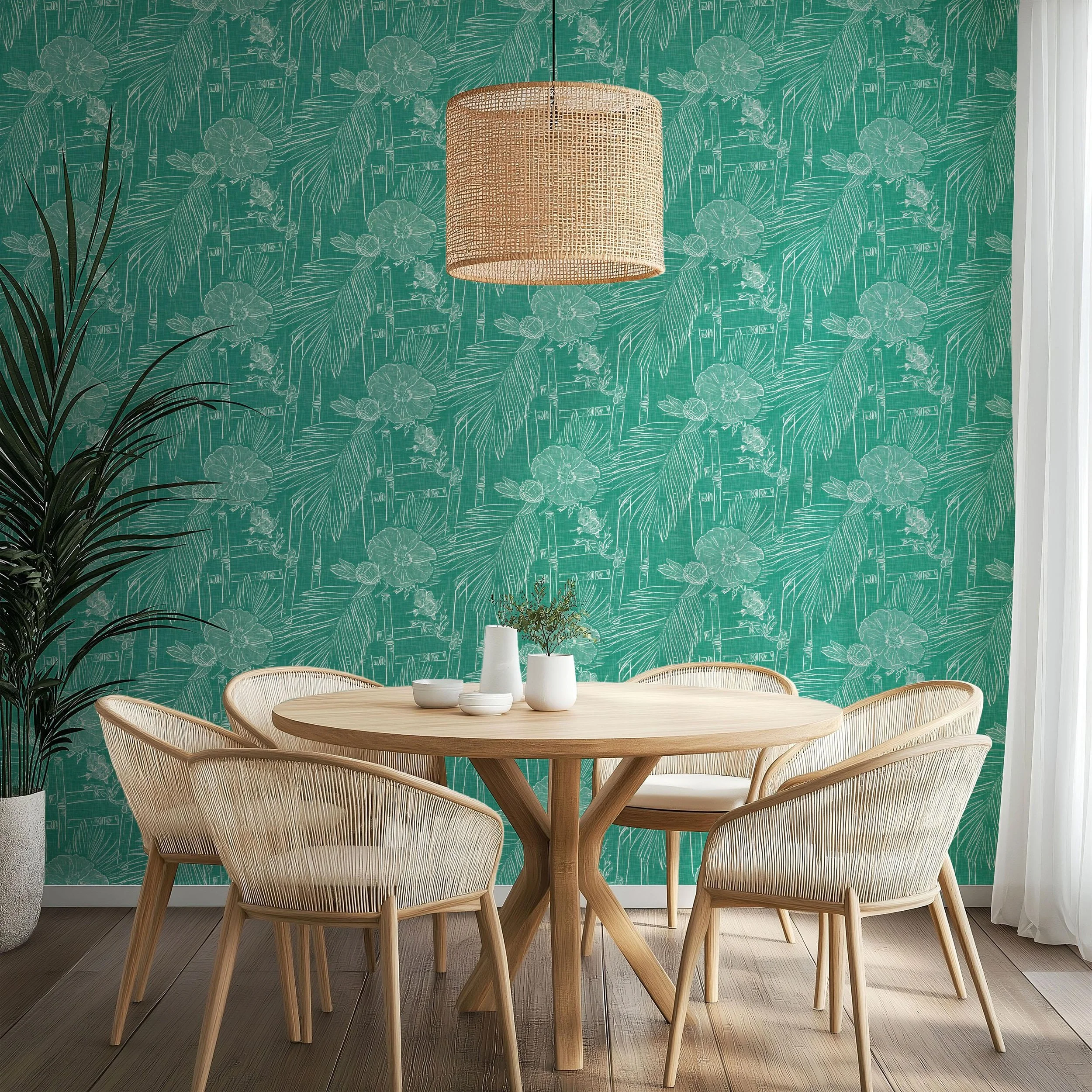 Tropical Beach Florals on Bamboo Lattice in Green
