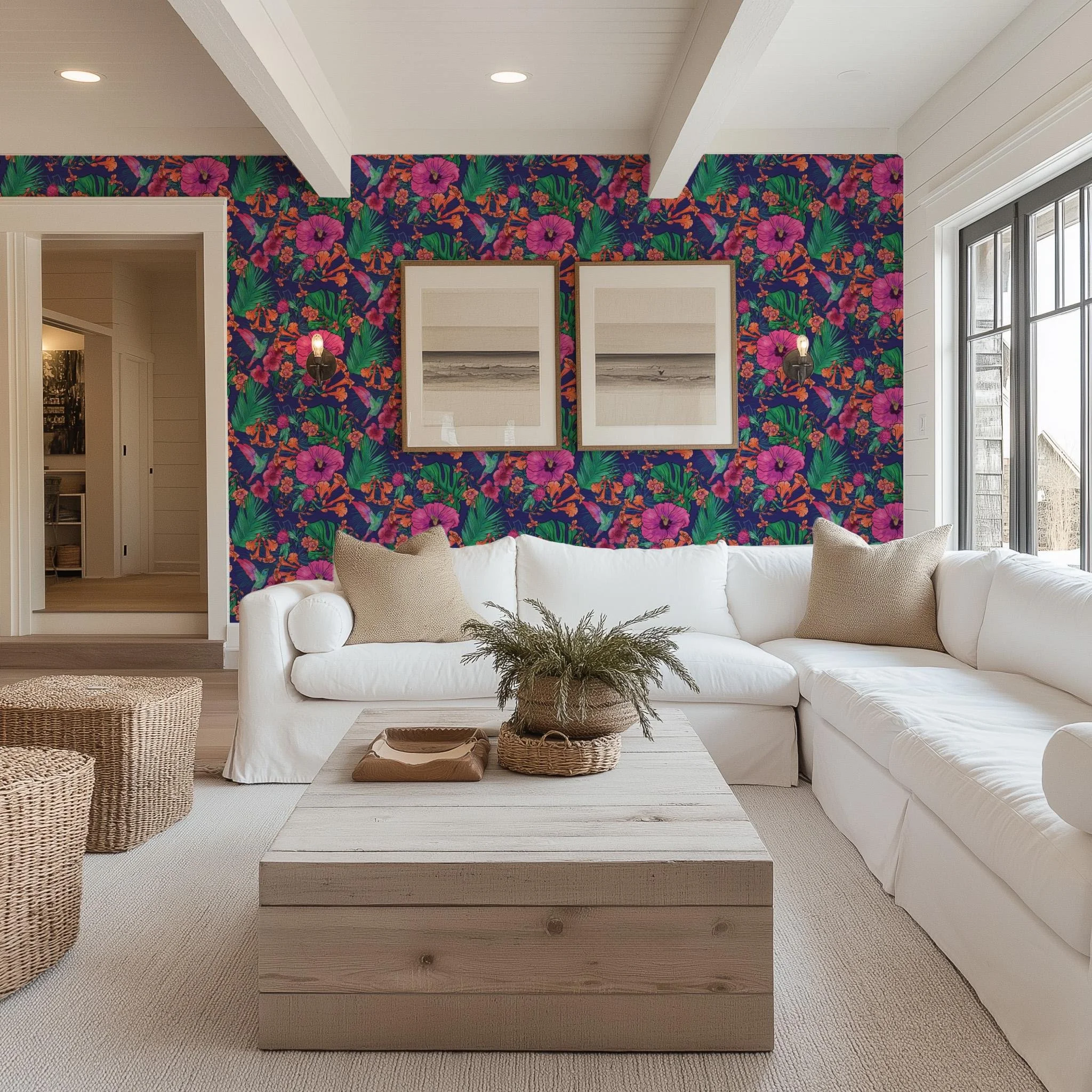 Bold Tropical Florals and Hummingbirds Indigo Blue