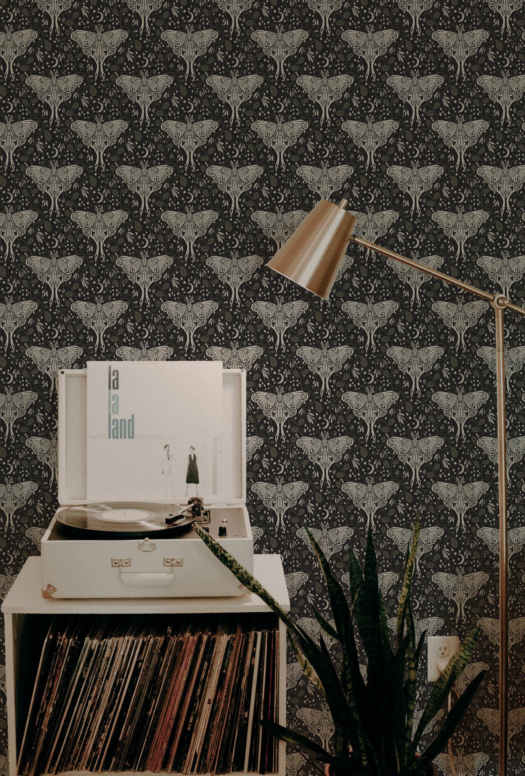 Luna Moth Dark Charcoal Olive and Cream Neutral