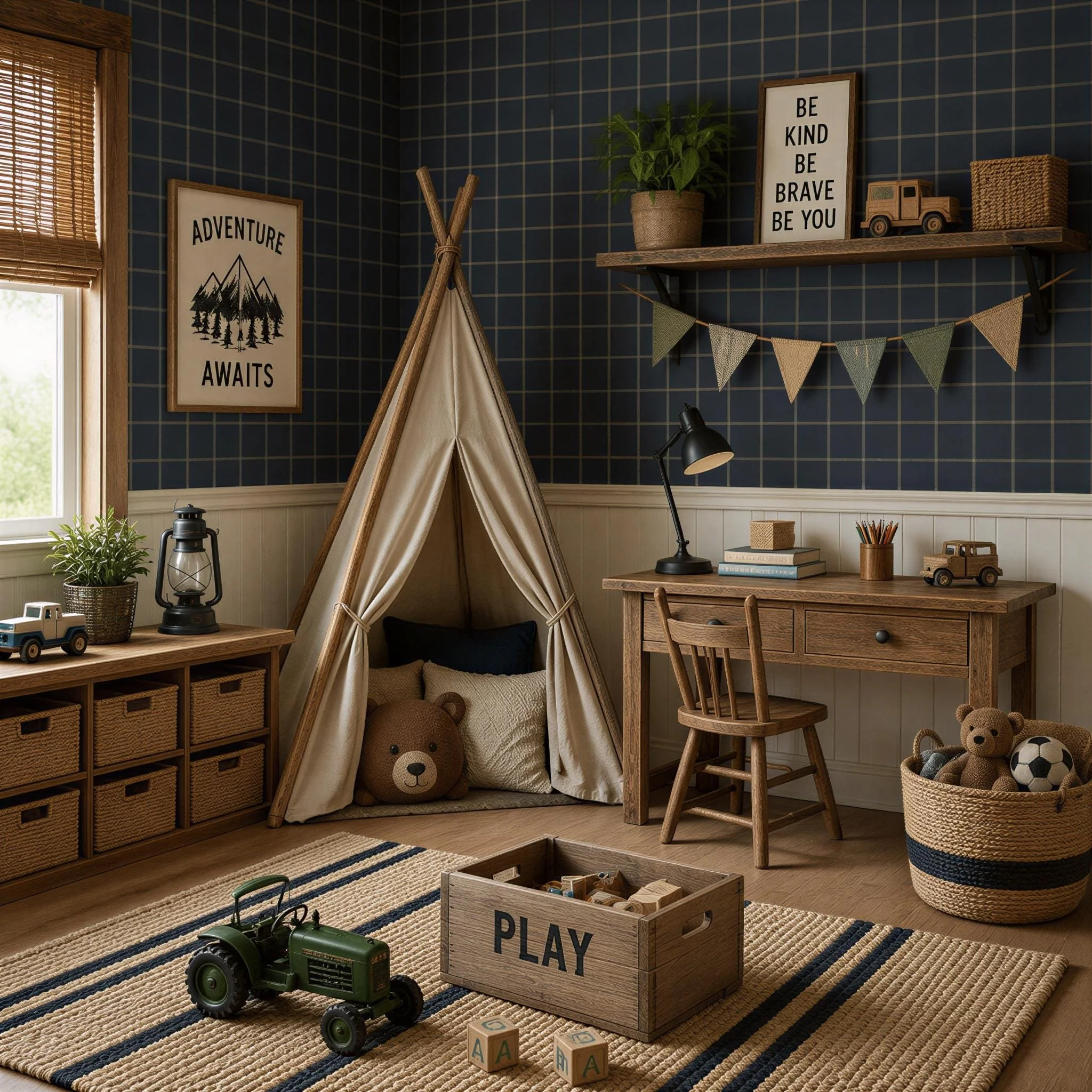 Window Pane Plaid Navy Blue Wallpaper | Cozy Traditional Boys Nursery | Peel And Stick | Space Galaxy Boy Bedroom