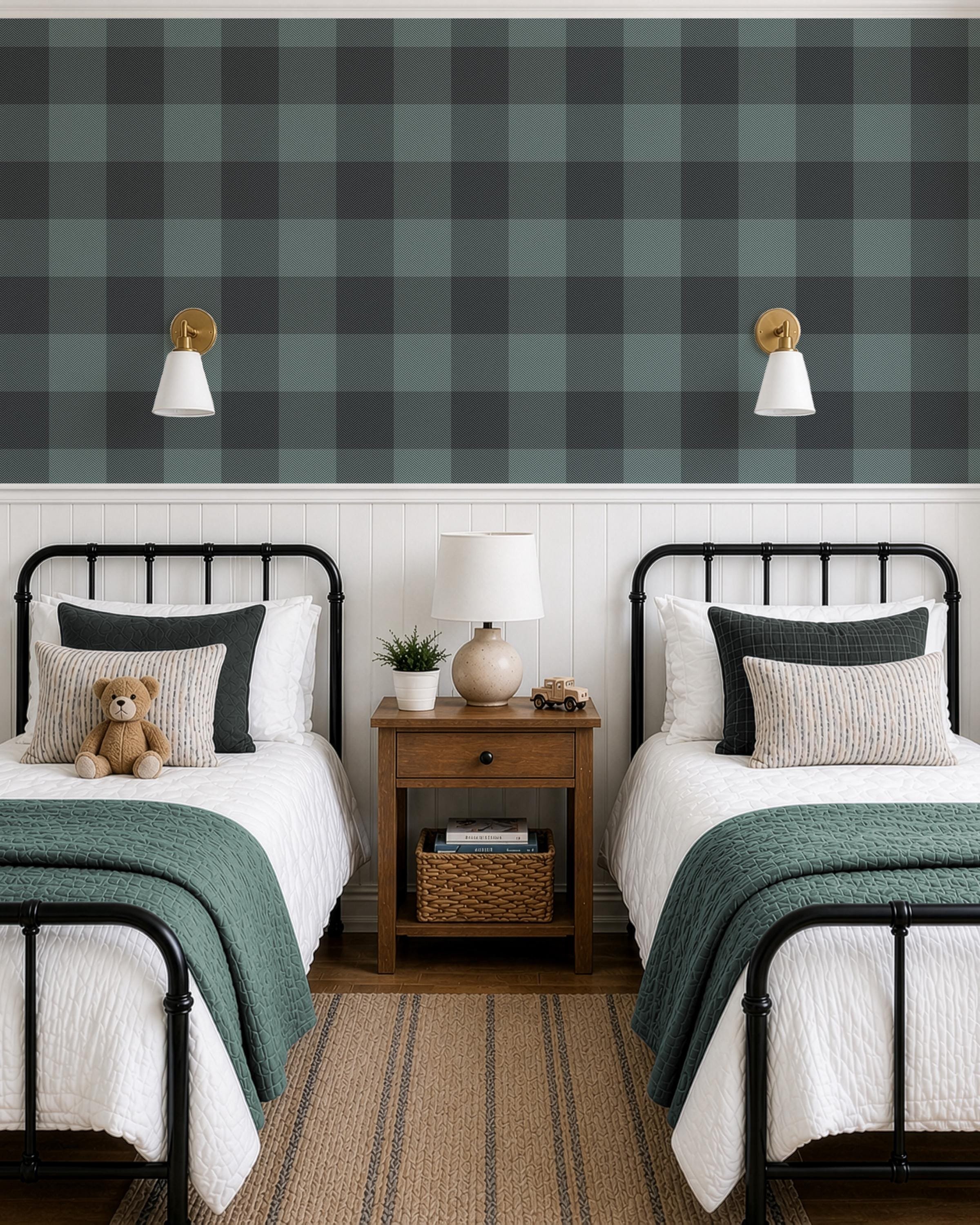 Herringbone Gingham, Soft Blue Gray Wallpaper | Peel-And-Stick | Burrowcore Boys Room | Warm and Cozy Cabin Vibe