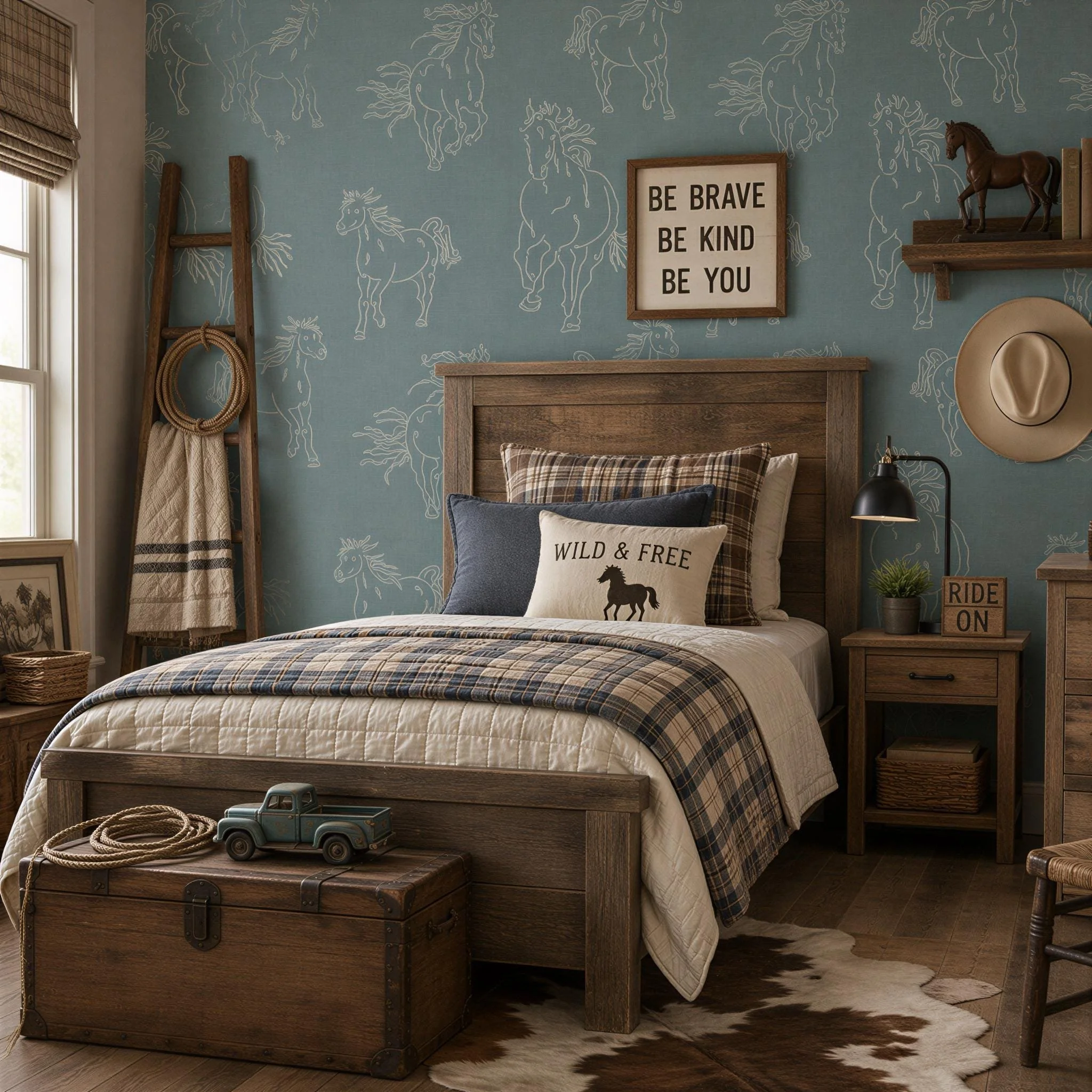 Farmhouse Hand-Drawn Wild Horses | Soft Blue | Peel And Stick | Boys Cowboy Bedroom | Masculine Home Office
