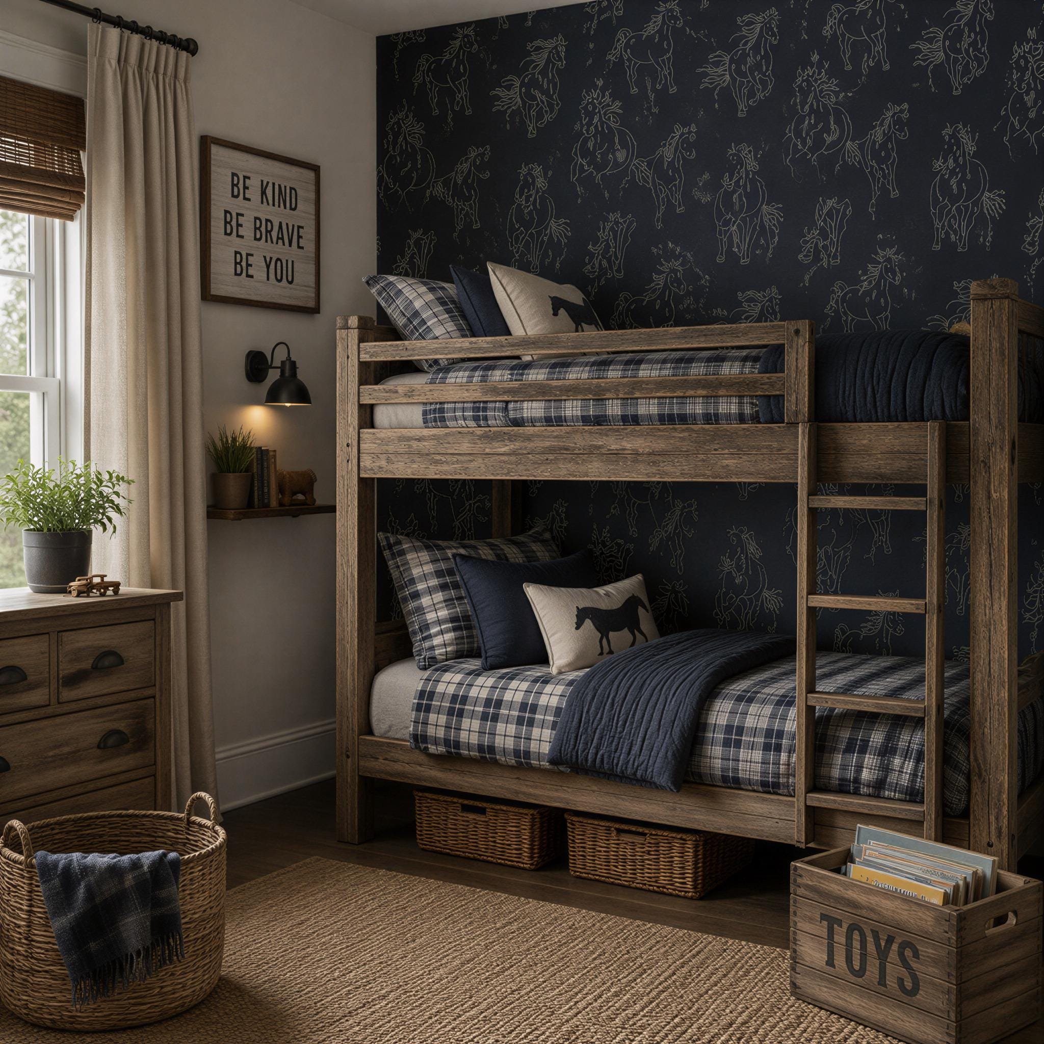 Hand-Drawn Wild Horses Wallpaper | Navy Blue Equestrian | Peel And Stick | Modern Farmhouse | Boy Nursery Horse Bedroom