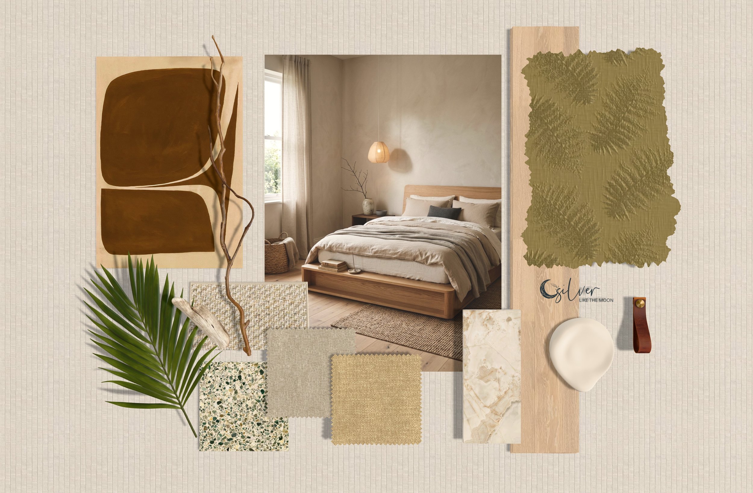 Material board with terrazzo, marble, and paint swatch.