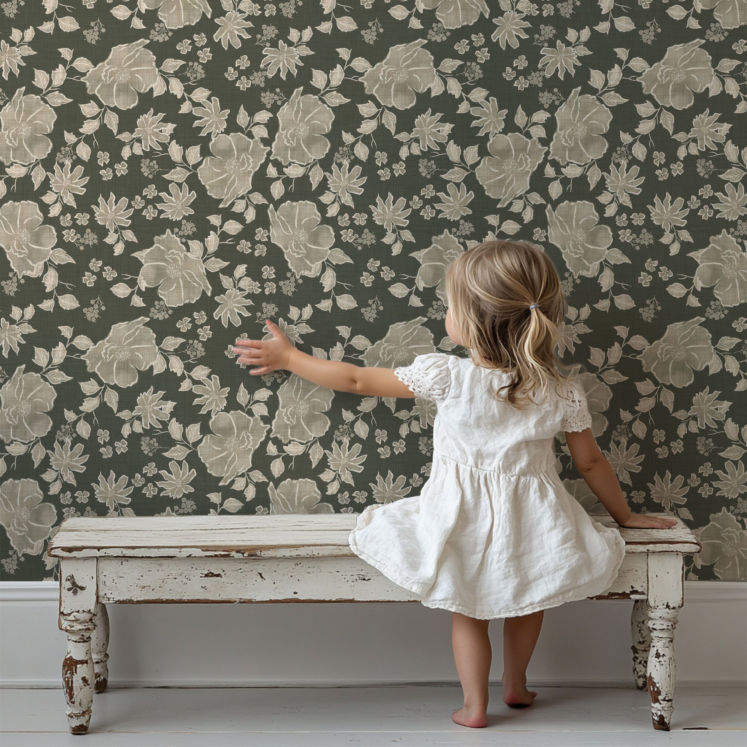 Traditional Vintage Distressed Roses in Deep Sage Green