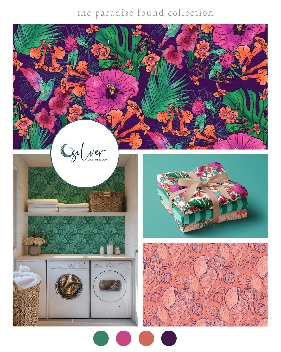 The Paradise Found Collection features a bold tropical floral perfect for a beach home or even on clothing. Combined with hand drawn shells, watercolor stripes, plaids, and checks and soft tone on tone tropical plants, this collection is sure to brig
