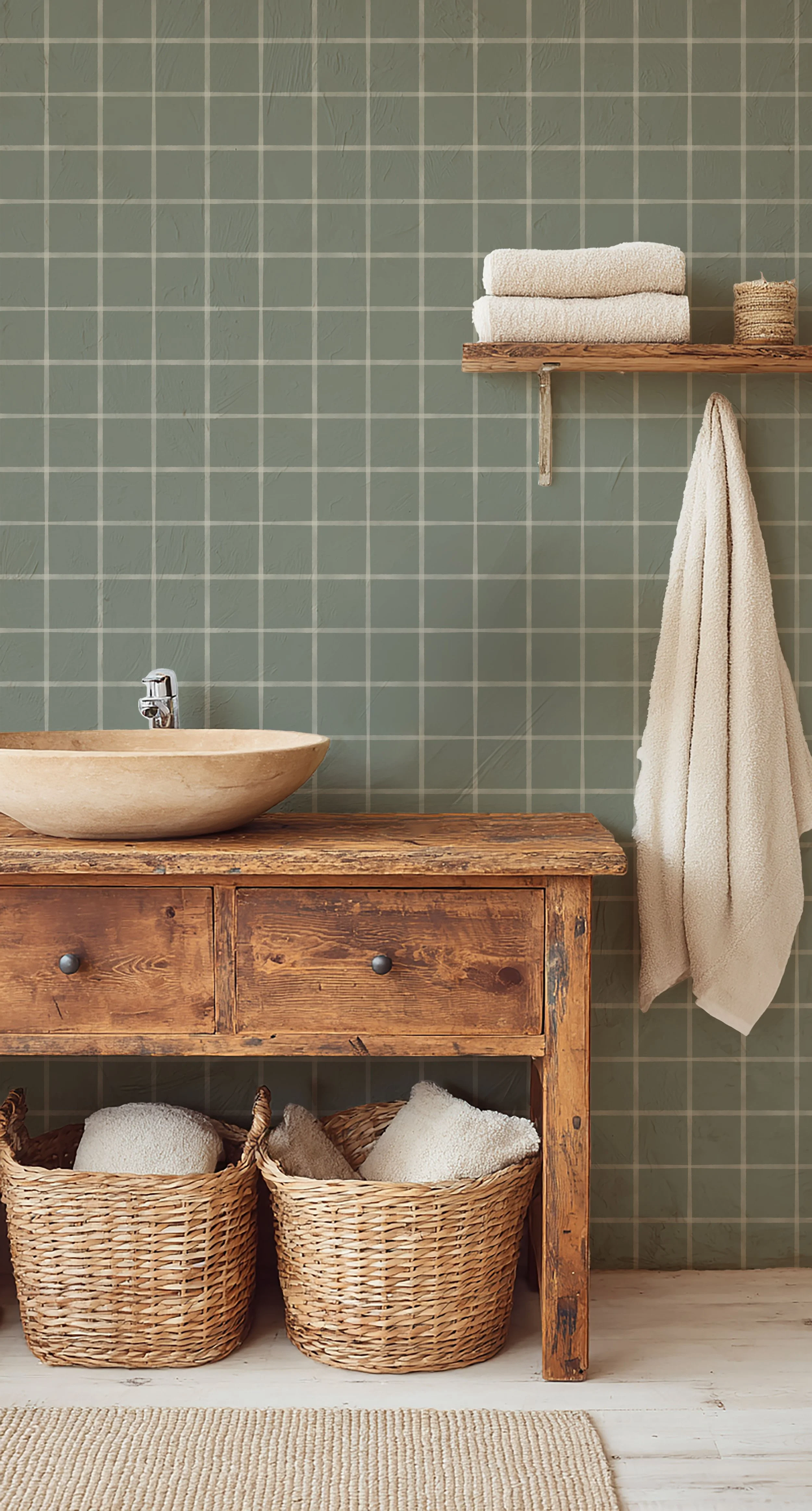 Watercolor Window Pane Plaid in Light Sage Green